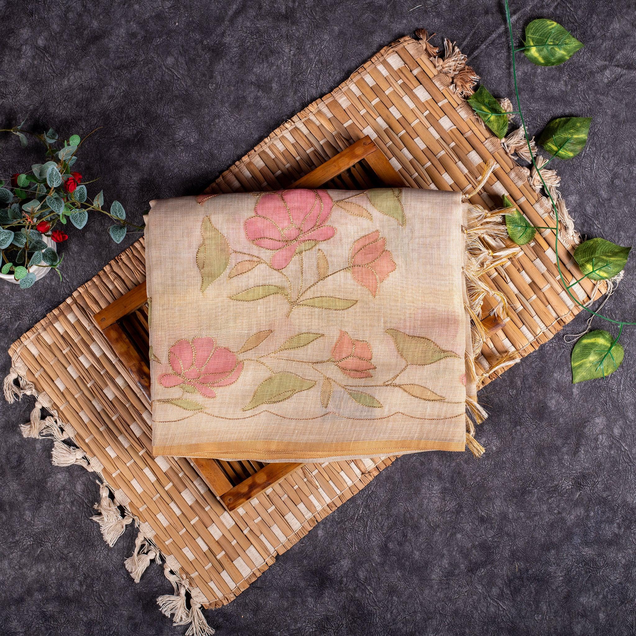 Linen Tissue Silk Saree – Off-White Digital Print - Kleem Boutique Main image