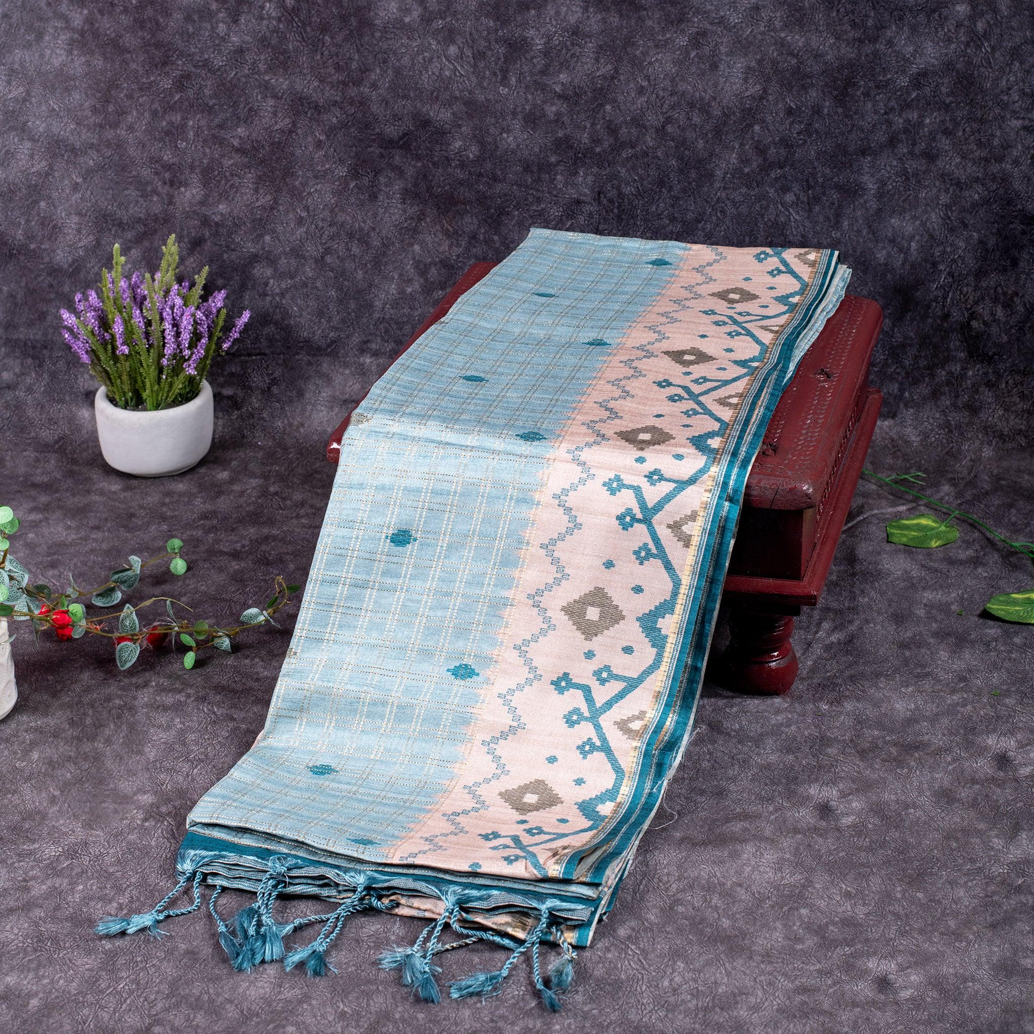 Semi Tussar Silk Saree – Zari Checks with Jamdani Print Border - Kleem Boutique Main image