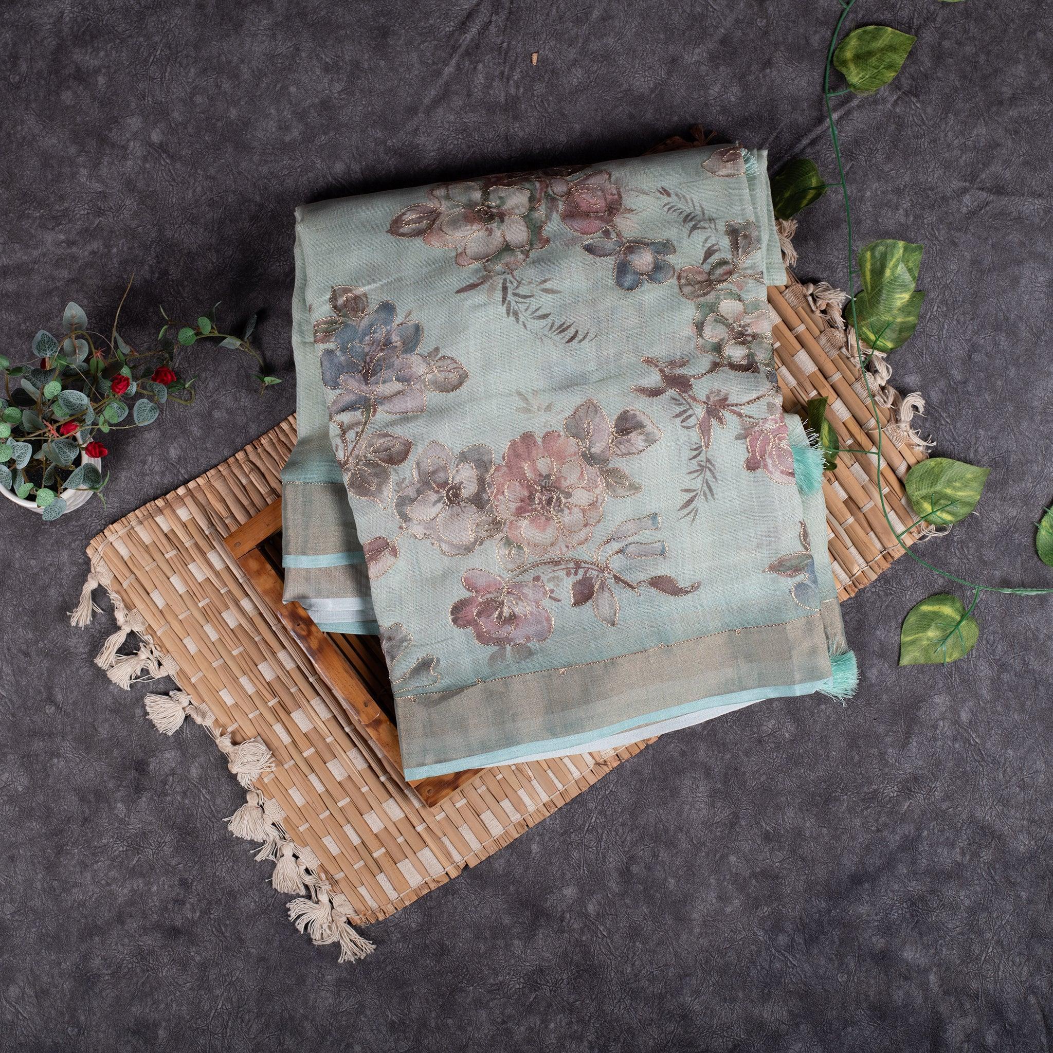 Linen Tissue Silk Saree – Floral Embroidery Highlight -Sea Green - Kleem Boutique Main image