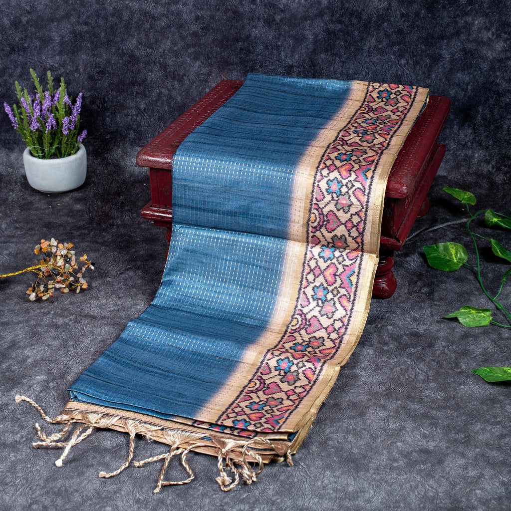 Semi Tussar Silk Saree – Zari Dotted Lines with Contrast Pallu - Kleem Boutique