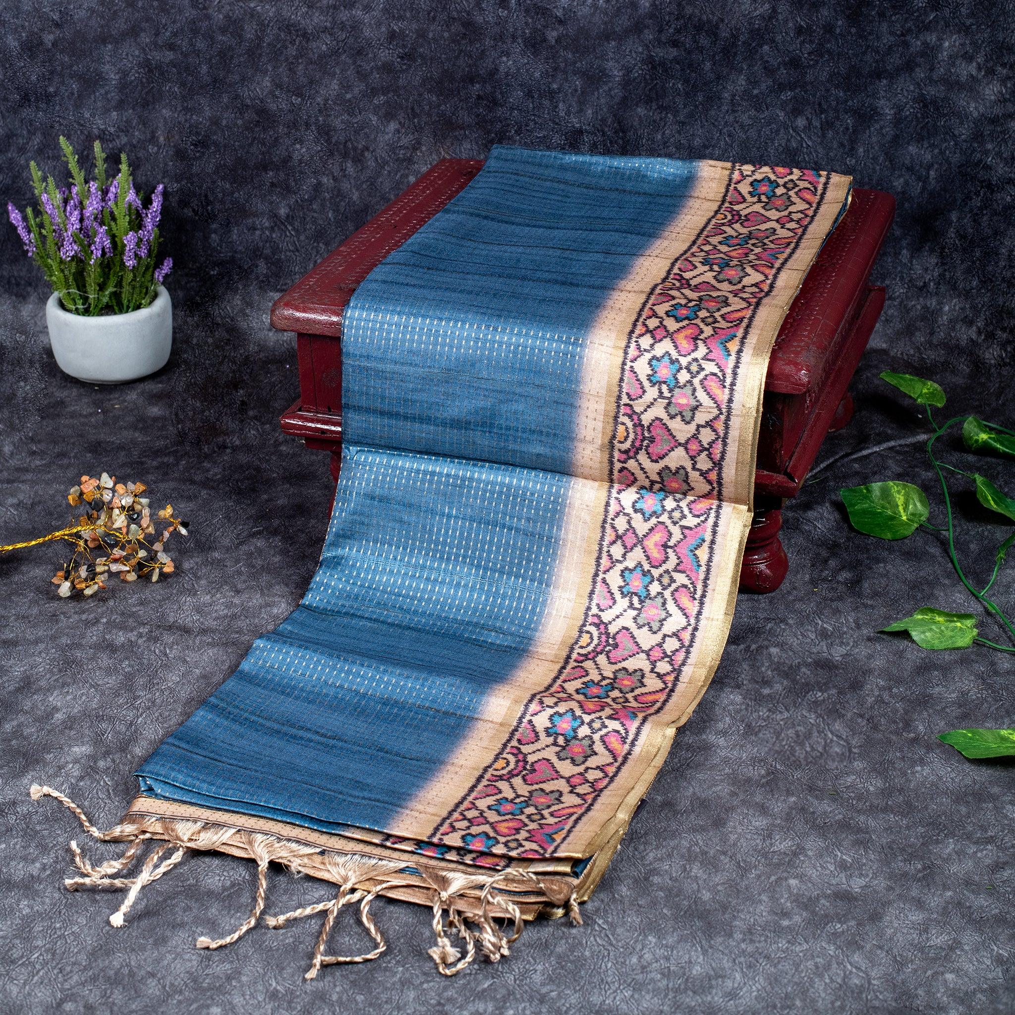 Semi Tussar Silk Saree – Zari Dotted Lines with Contrast Pallu - Kleem Boutique