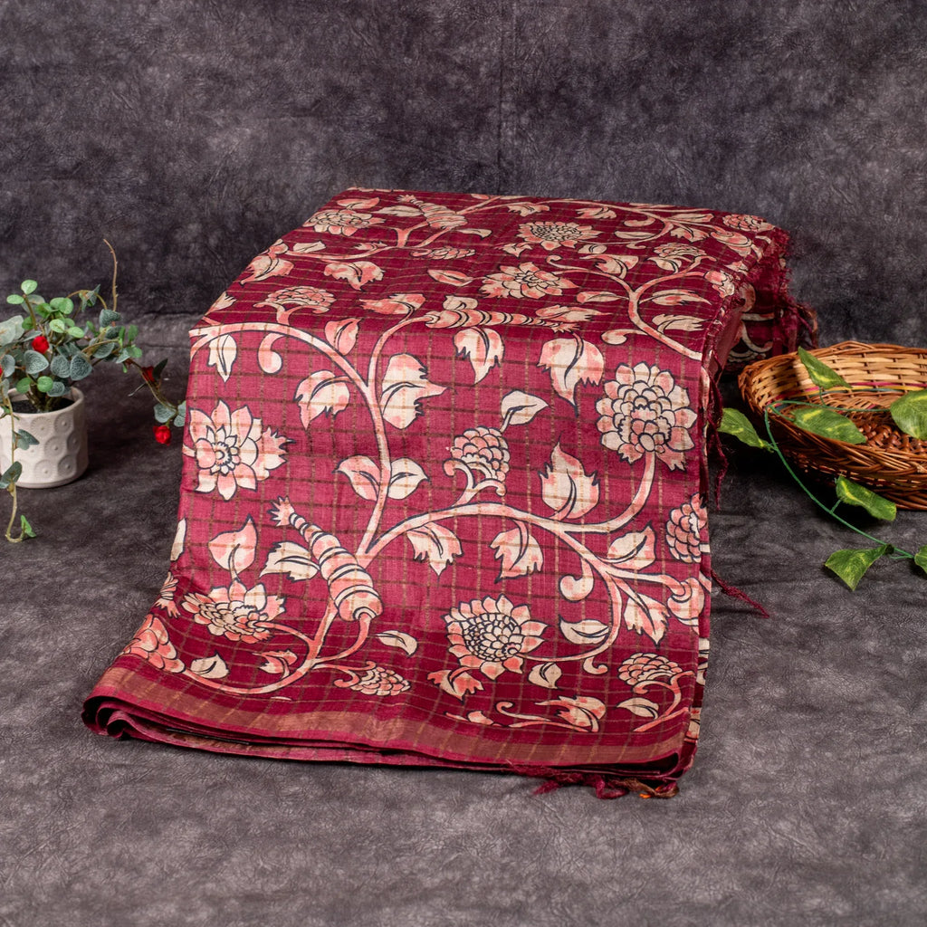 Pure Handloom Tussar Silk Deep Wine Maroon Saree with Floral Digital Print & Zari Checks - Kleem Boutique
