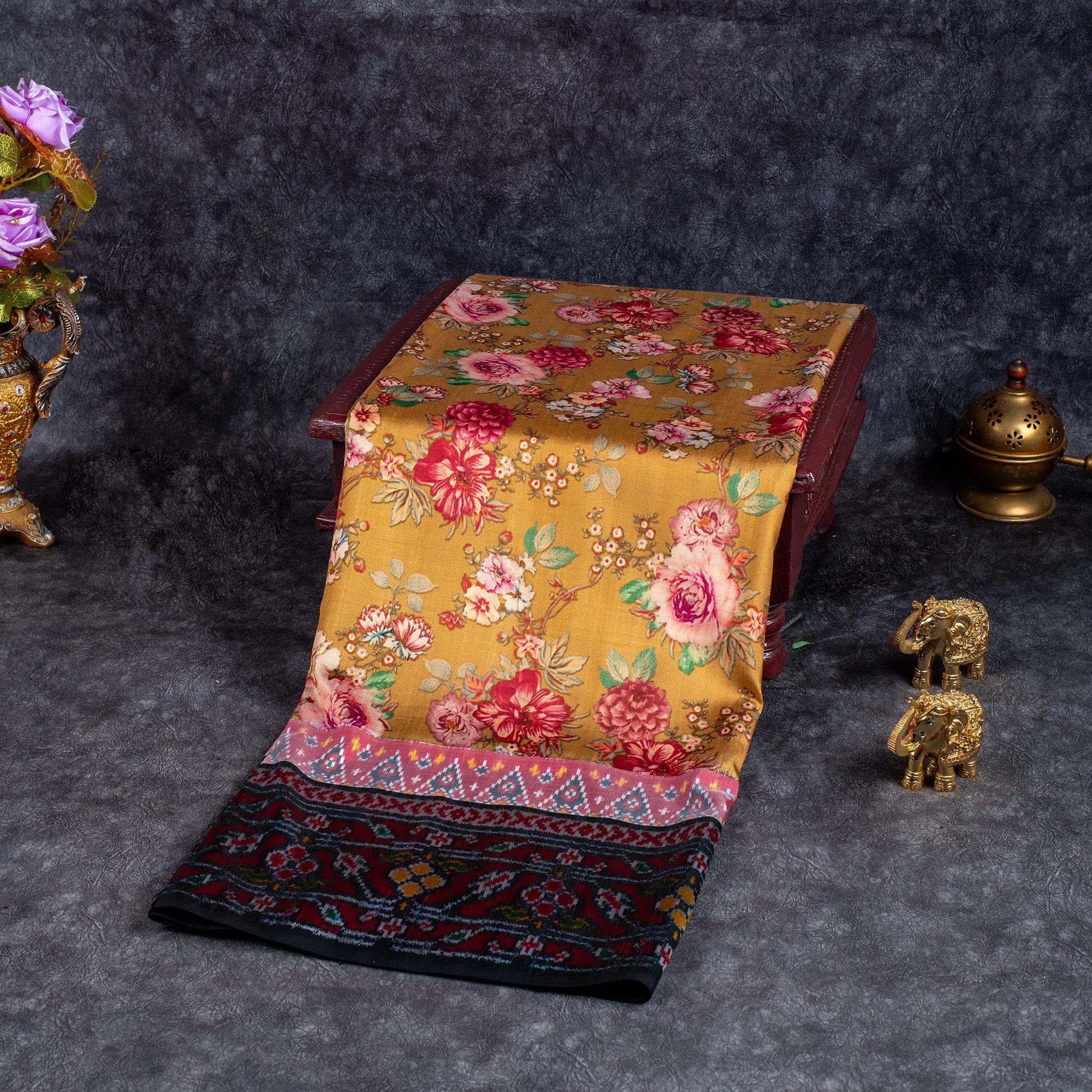 Handloom Patola Saree with Digital Print & Rich Pallu – Golden Yellow - Kleem Boutique Main image