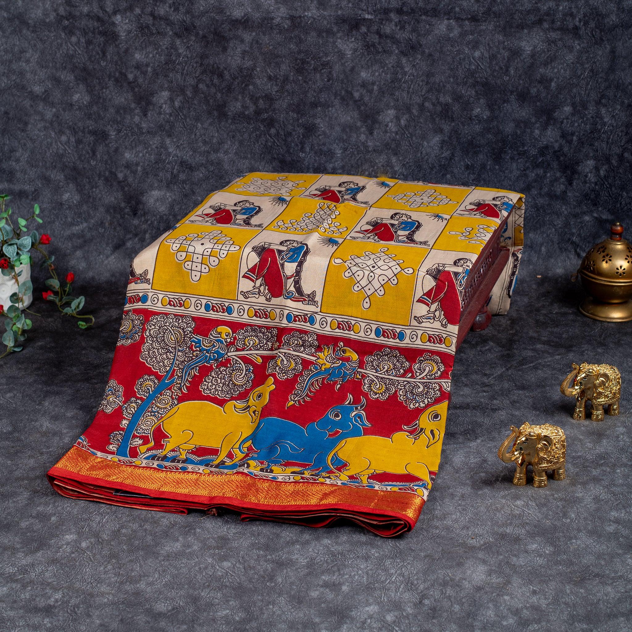 Pure Handloom Nizam Border Silk Saree with Kalamkari Print - Pale yellow with Off White - Kleem Boutique Main image