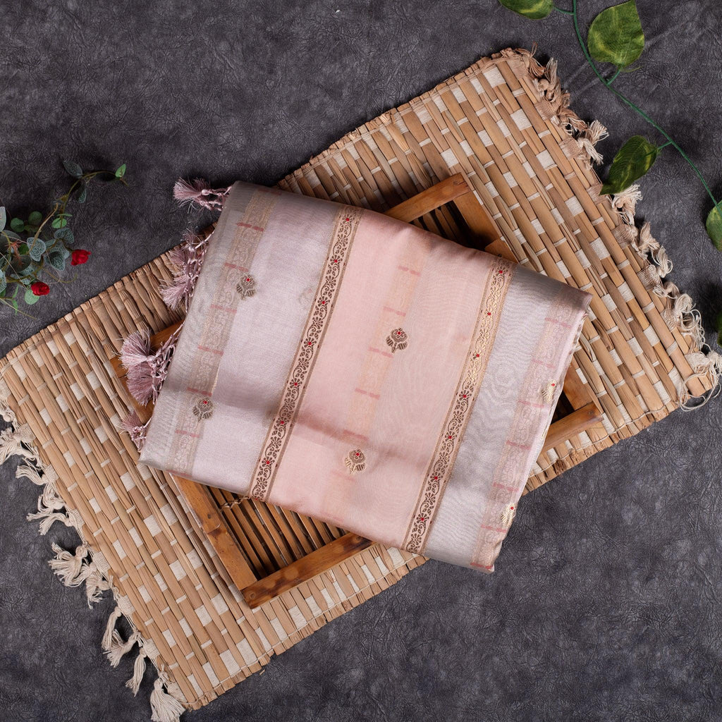 Semi Tussar Silk Organza Fusion Saree – Light Peach - Kleem Boutique