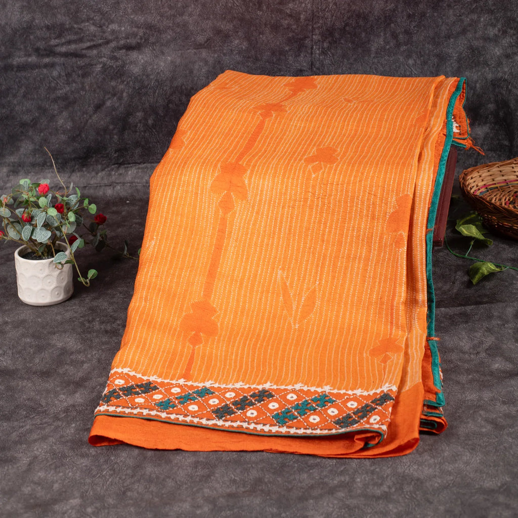 Pure Handloom Tussar Silk Orange Saree with Digital Print &amp; Kutch Work - Kleem Boutique