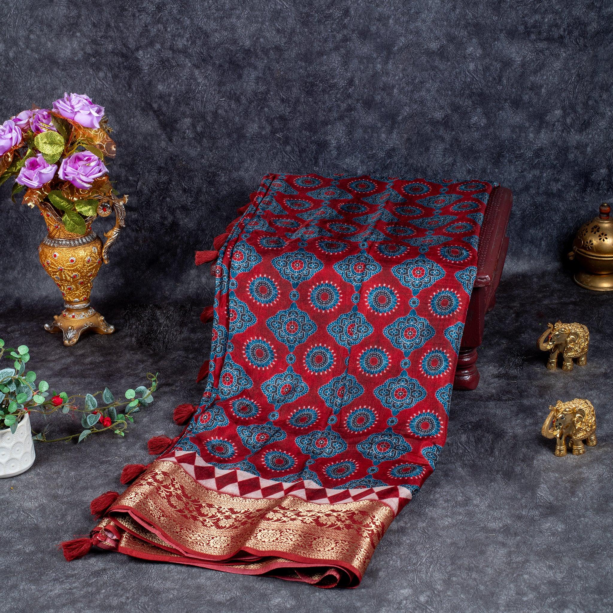 Jubilee Silk Ajrakh Saree-Red & Blue - Kleem Boutique