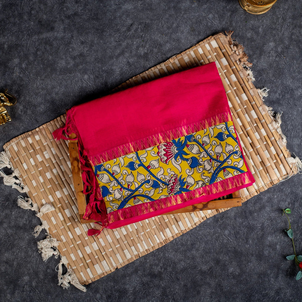 Pure Handloom MG Cotton Saree with Kalamkari Patch Work - Rani Pink - Kleem Boutique