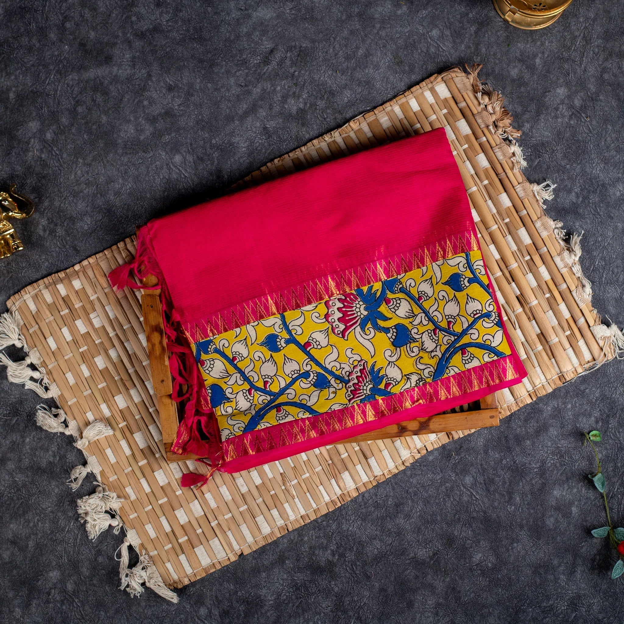 Pure Handloom MG Cotton Saree with Kalamkari Patch Work - Rani Pink - Kleem Boutique