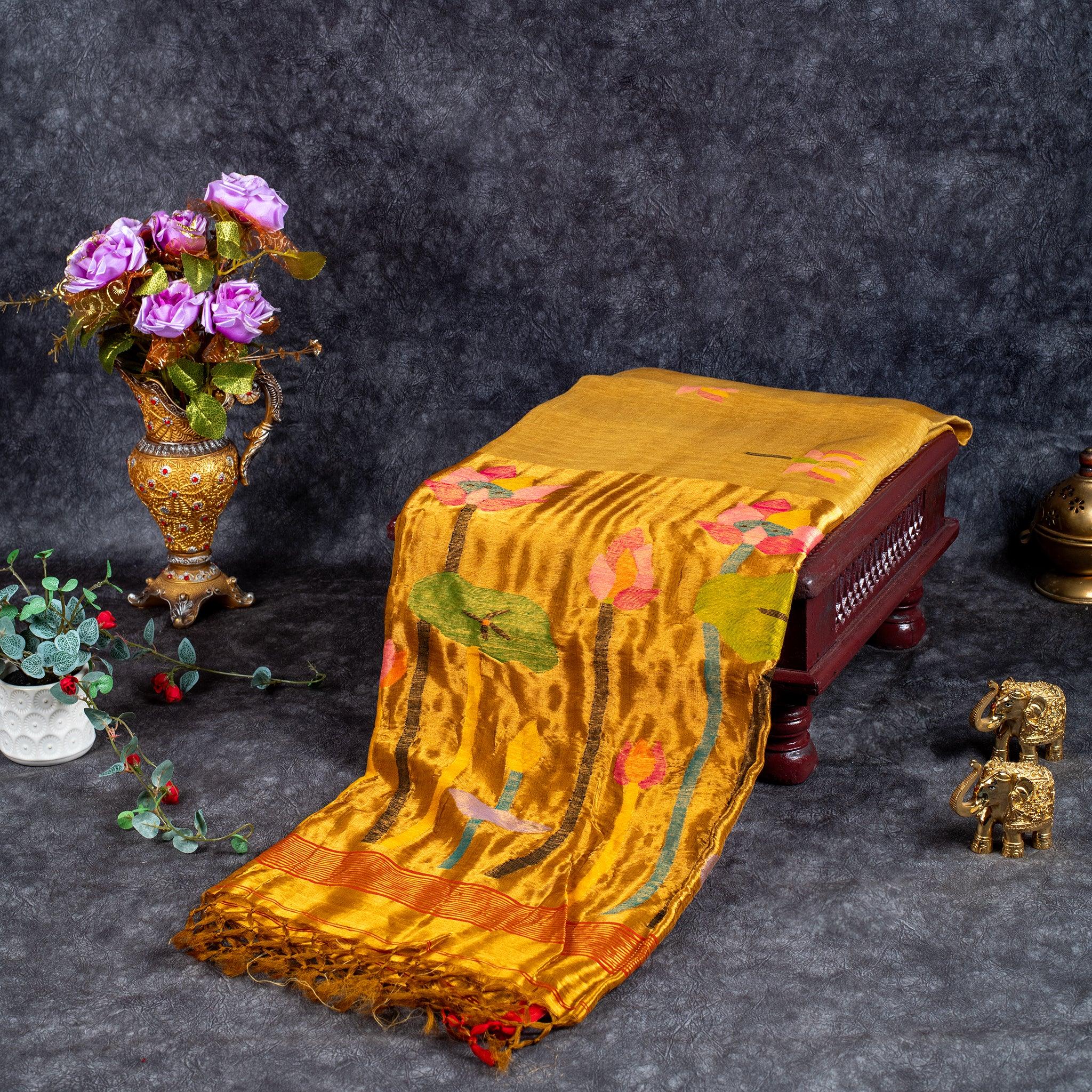 Matka Silk Jamdani Saree – Handwoven Artistic Elegance - Gold - Kleem Boutique