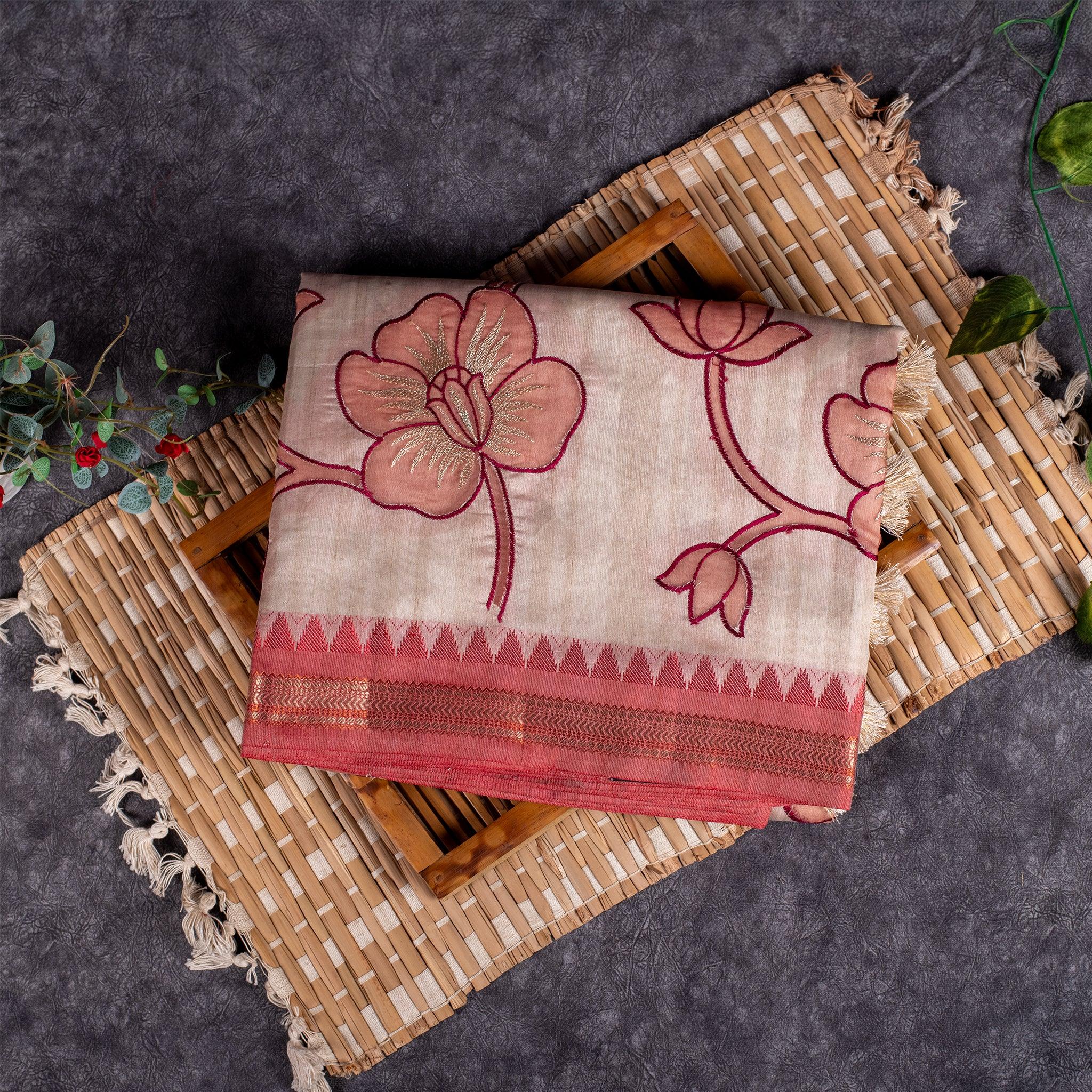 Semi Tussar Silk Saree – Vidarbha Style with Applique Work - Kleem Boutique