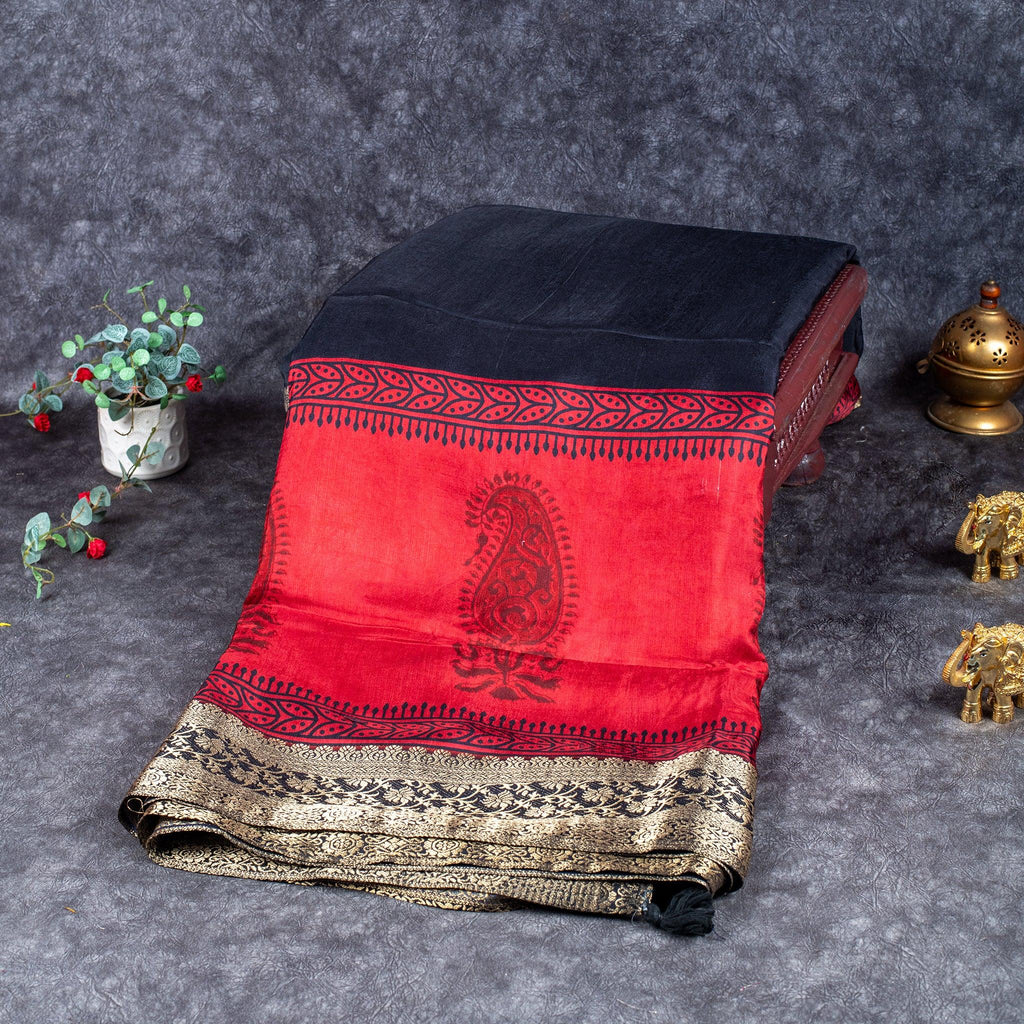 Jubilee Silk Ajrakh Saree - Red & Black - Kleem Boutique