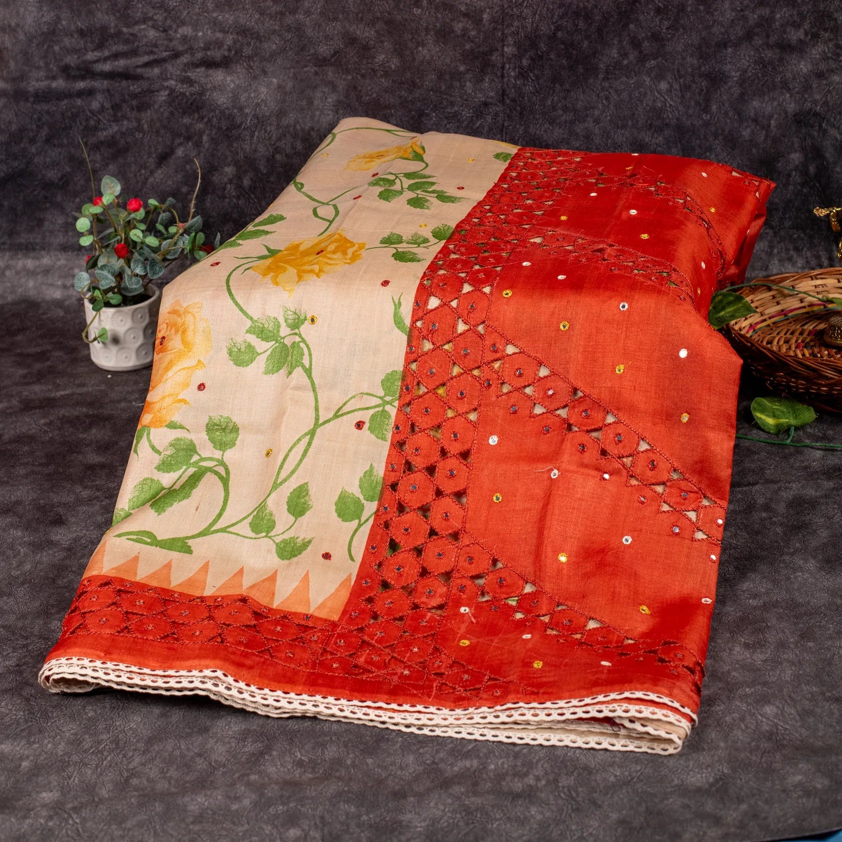 Pure Handloom Tussar Silk Off-White & Orange Saree with Floral Print & Mirror Cutwork - Kleem Boutique Main image