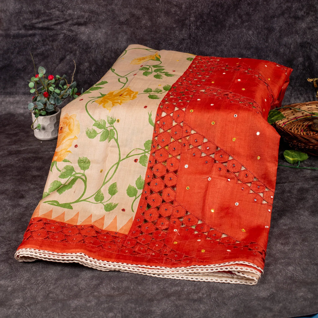 Pure Handloom Tussar Silk Off-White & Orange Saree with Floral Print & Mirror Cutwork - Kleem Boutique