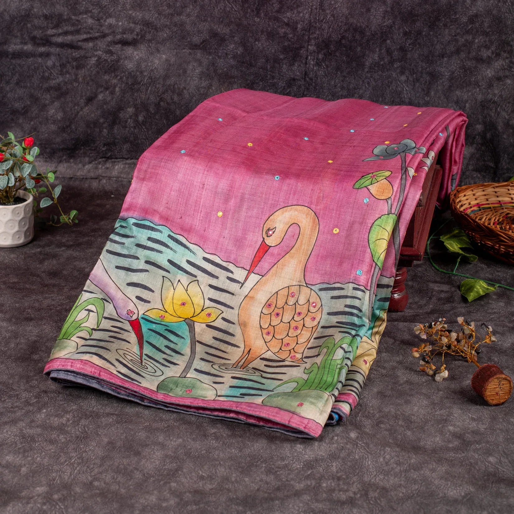 Pure Handloom Tussar Silk Pink Saree with Floral & Bird Digital Print - Kleem Boutique Main image