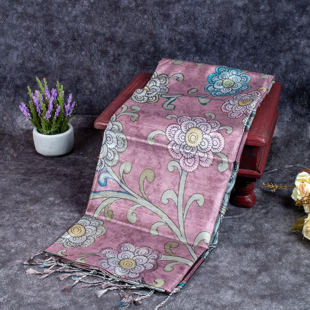 Semi Tussar Silk Saree – Kalamkari Floral & Animal Motifs - Kleem Boutique