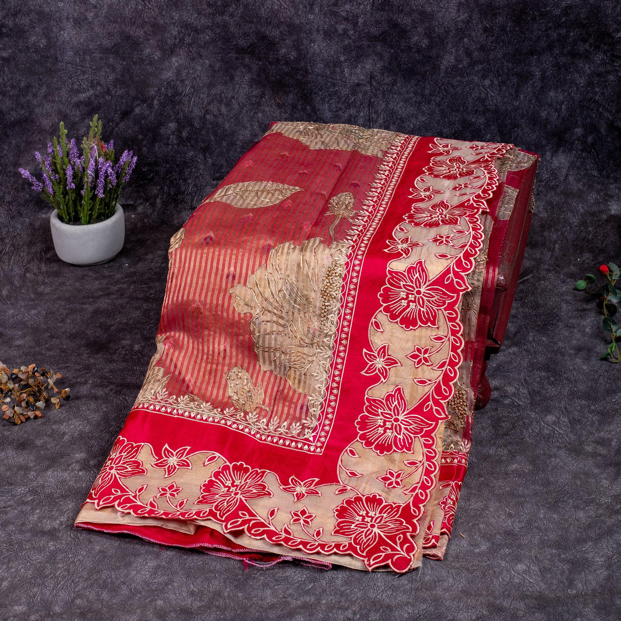 Tissue Organza Saree – Vertical Stripes with Aari &amp; Floral Cutwork Border - Kleem Boutique Main image
