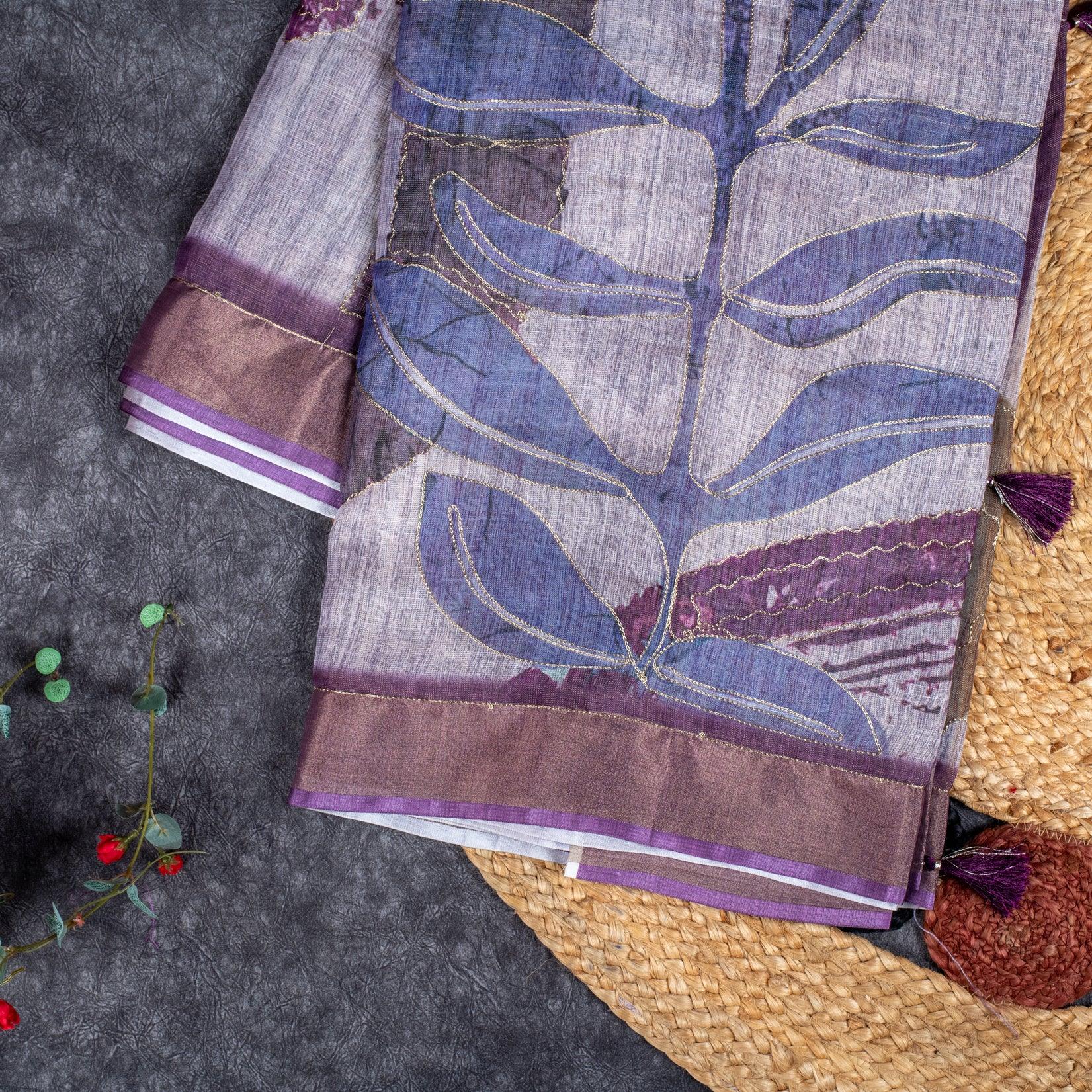 Linen Tissue Saree – Multicolour Highlighted Work - Kleem Boutique Main image