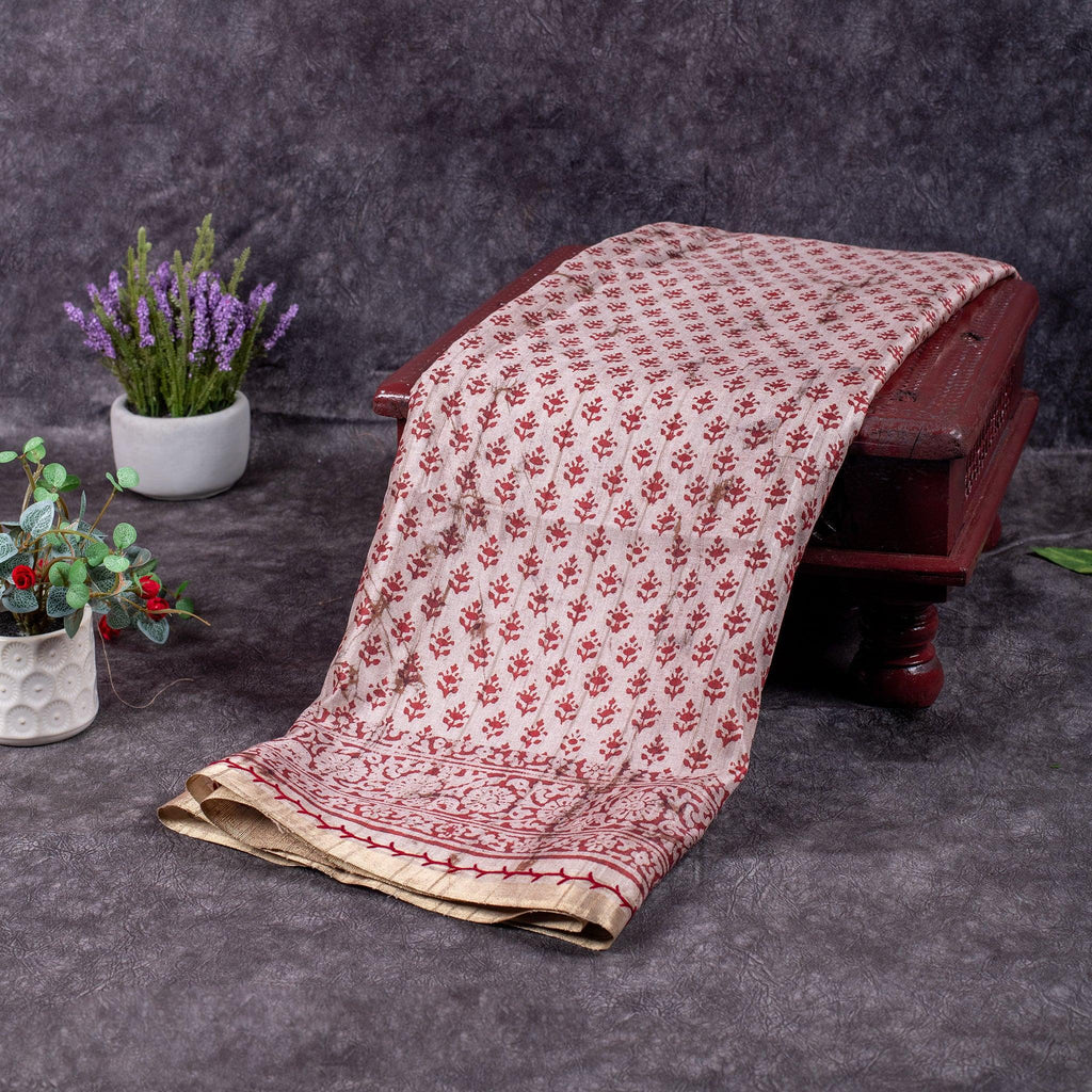 Semi Tussar Silk Saree – Dabu Print with Kantha Work Pallu - Kleem Boutique