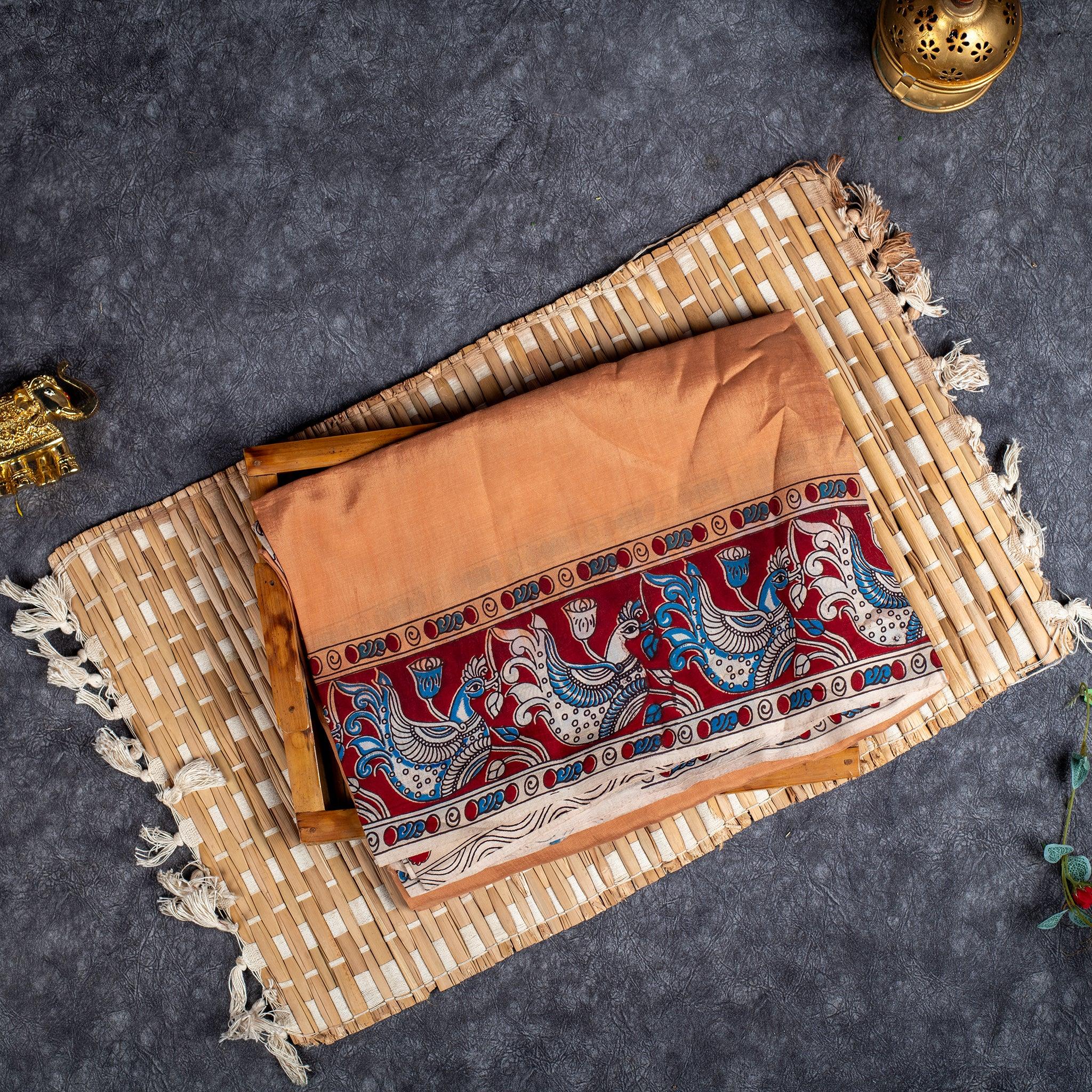 Pure Handloom Dye Silk Saree with Bird Printed Border - Beige - Kleem Boutique Main image