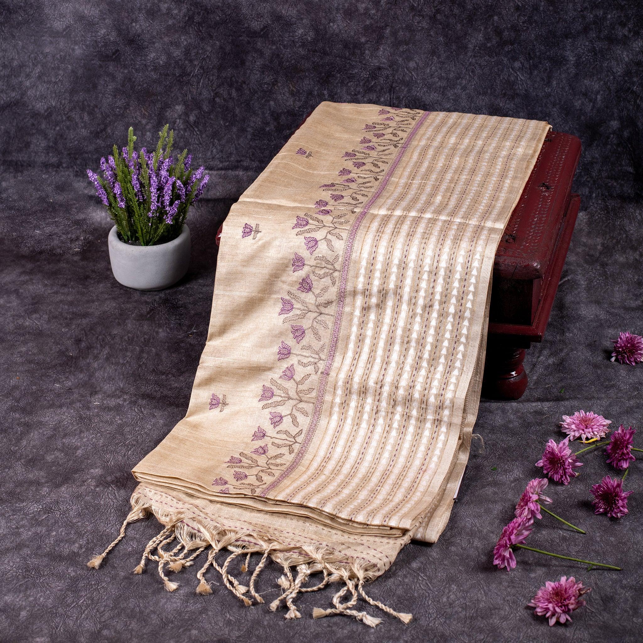 Semi Tussar Silk Saree – Floral Motifs with Kantha Work Border - Kleem Boutique Main image