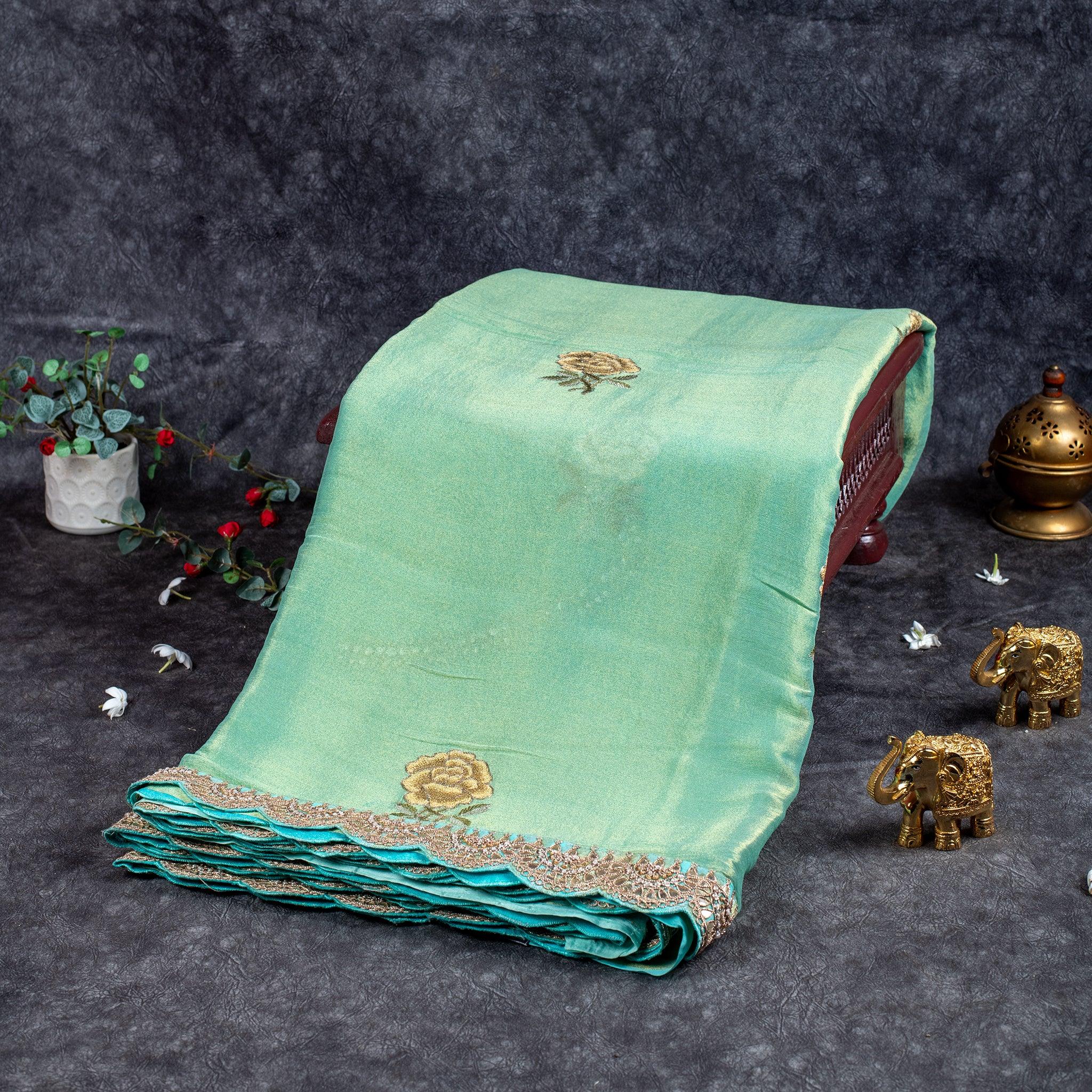 Green Tissue Soft Organza Saree with Rose Embroidery & Gota Patti -  Green