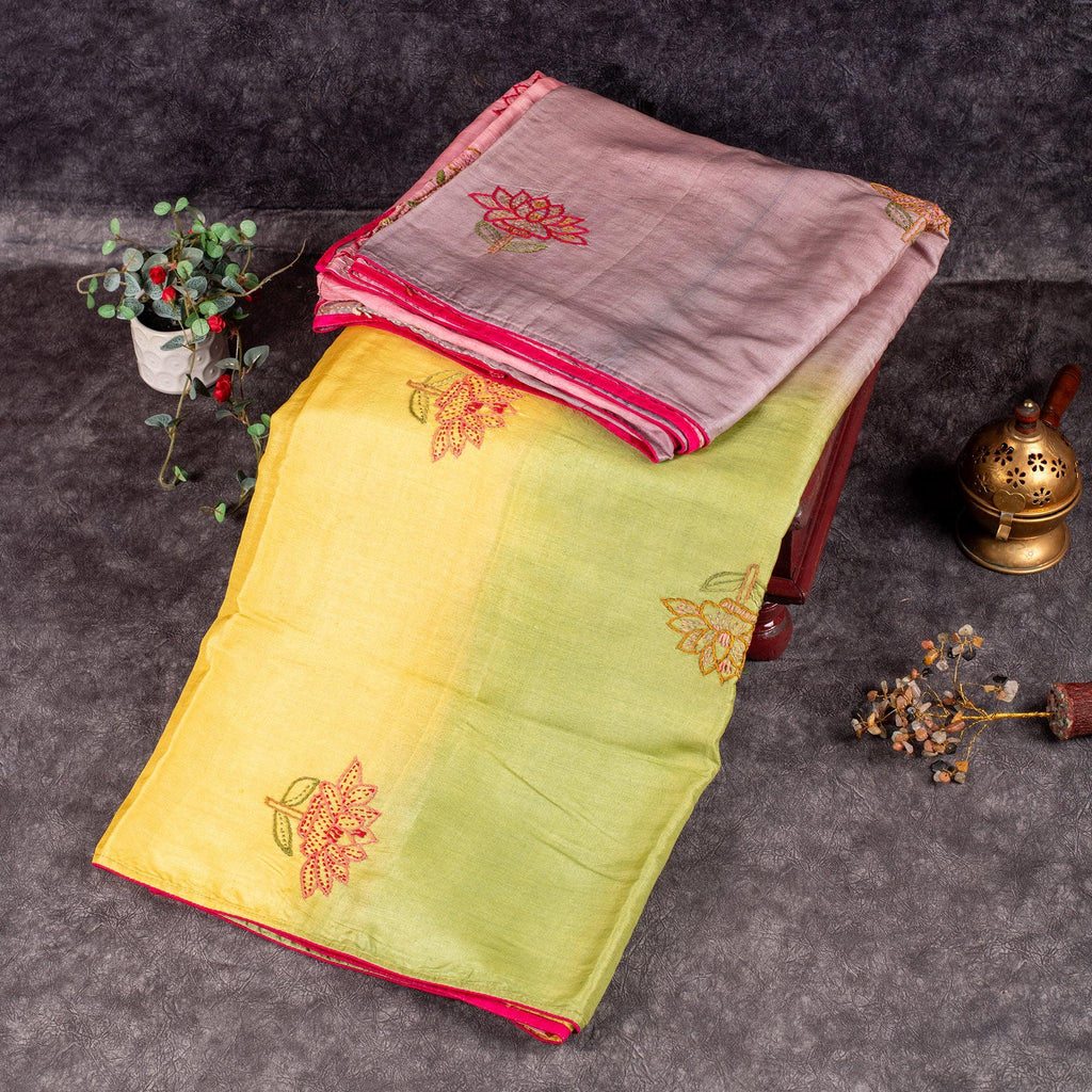 Pure Handloom Tussar Silk Multicolour Saree with Kantha Embroidery & Floral Border - Kleem Boutique