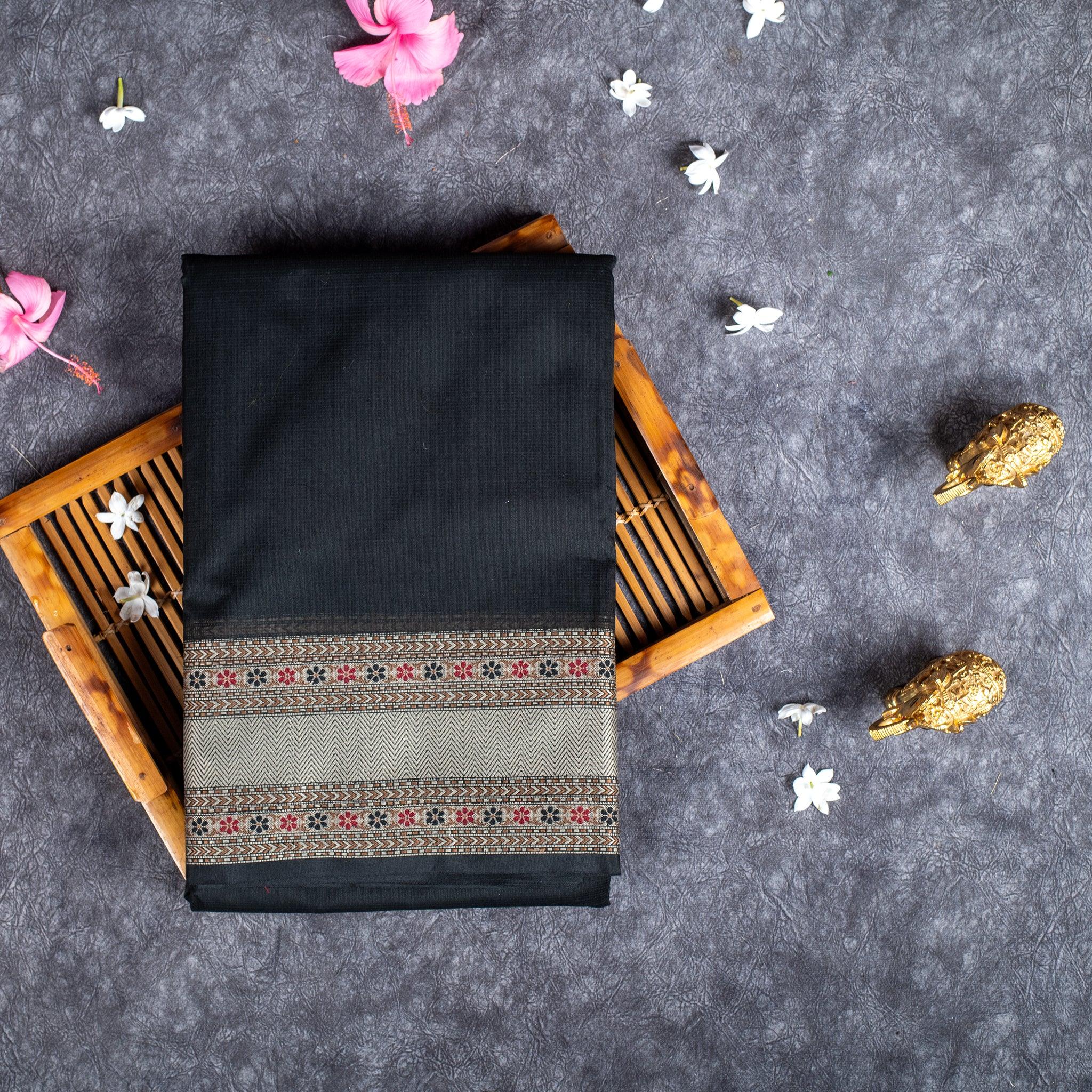 Handloom Cotton Weaving Saree - Black - Kleem Boutique Main image