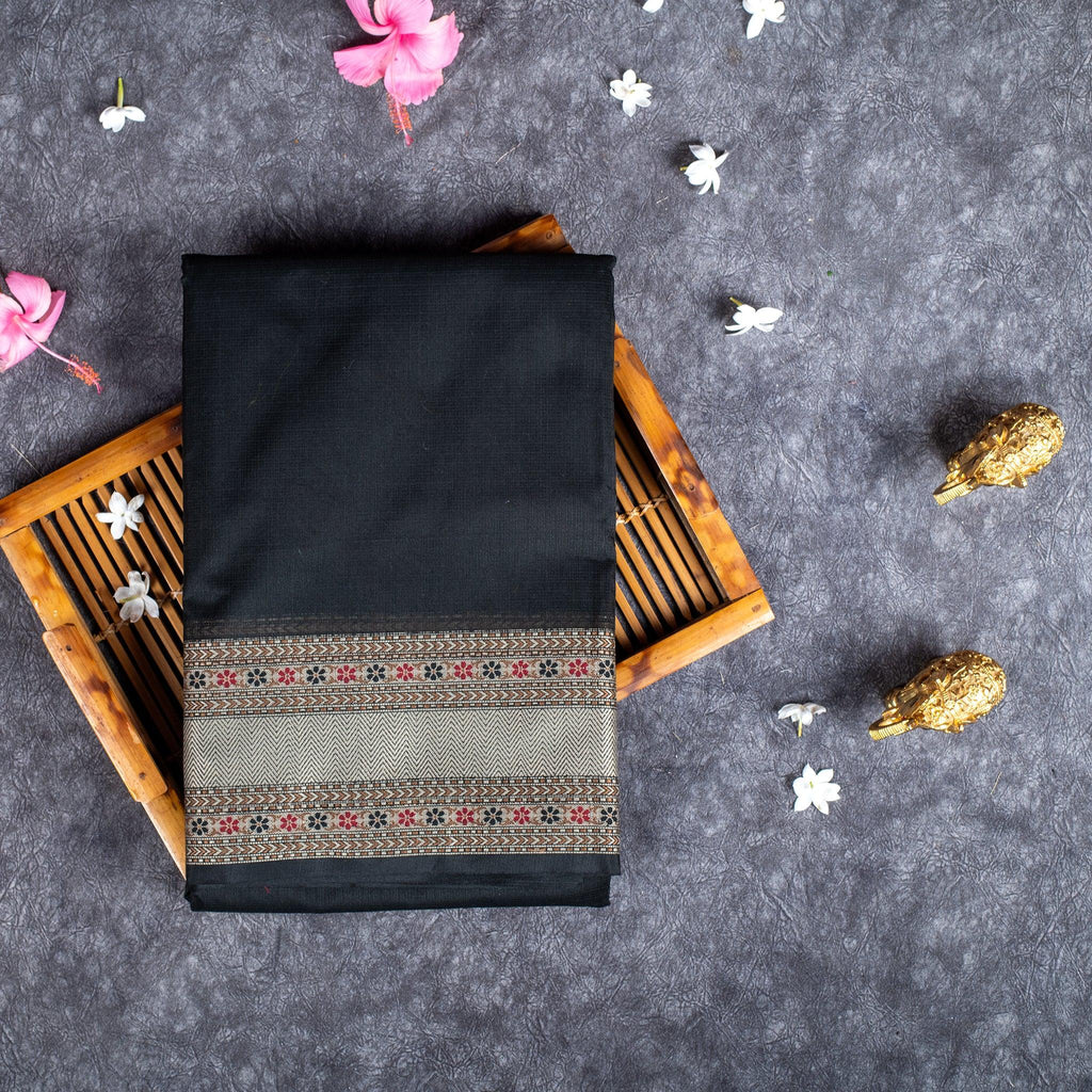 Handloom Cotton Weaving Saree - Black - Kleem Boutique