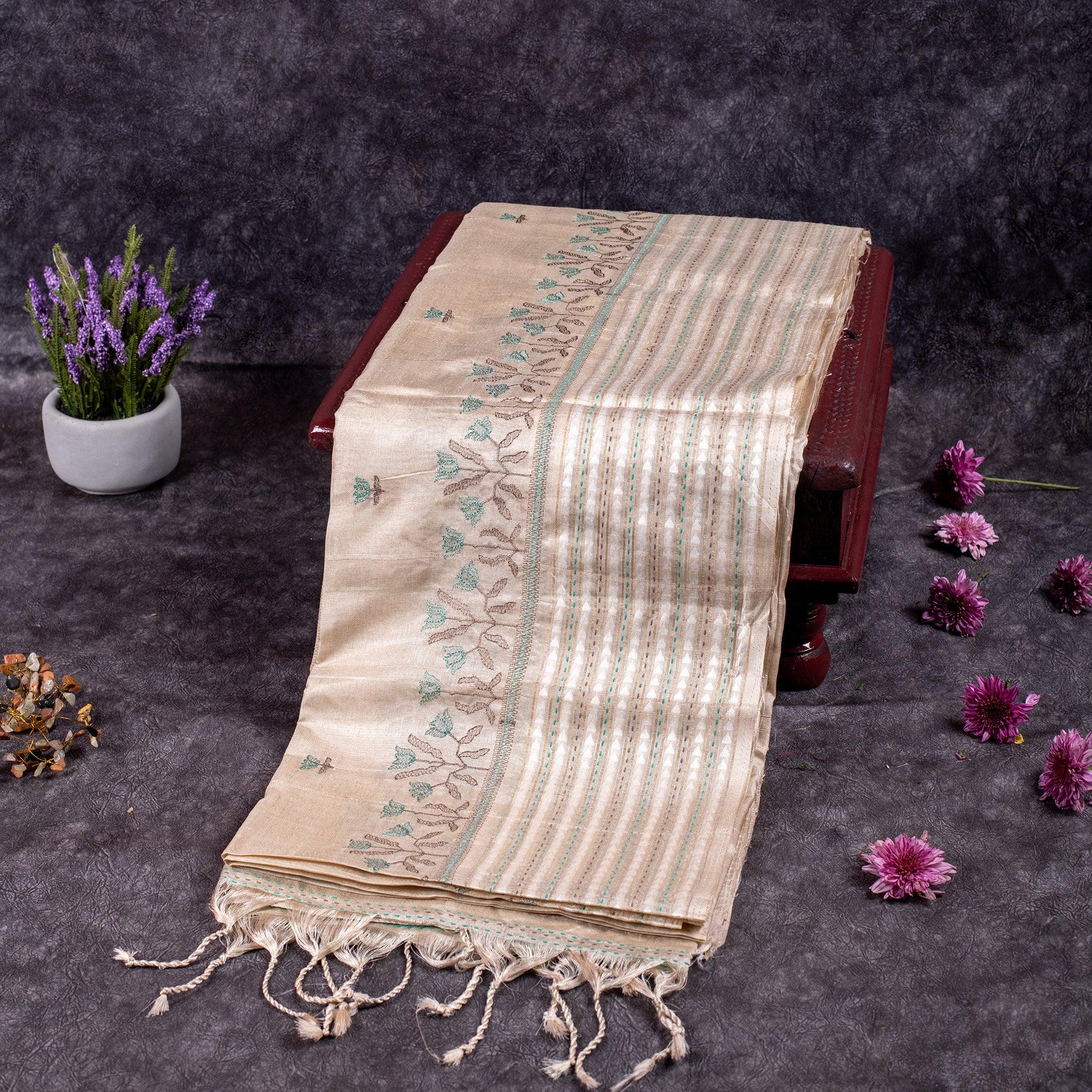 Semi Tussar Silk Saree – Floral Motifs with Kantha Work Border - Kleem Boutique Main image