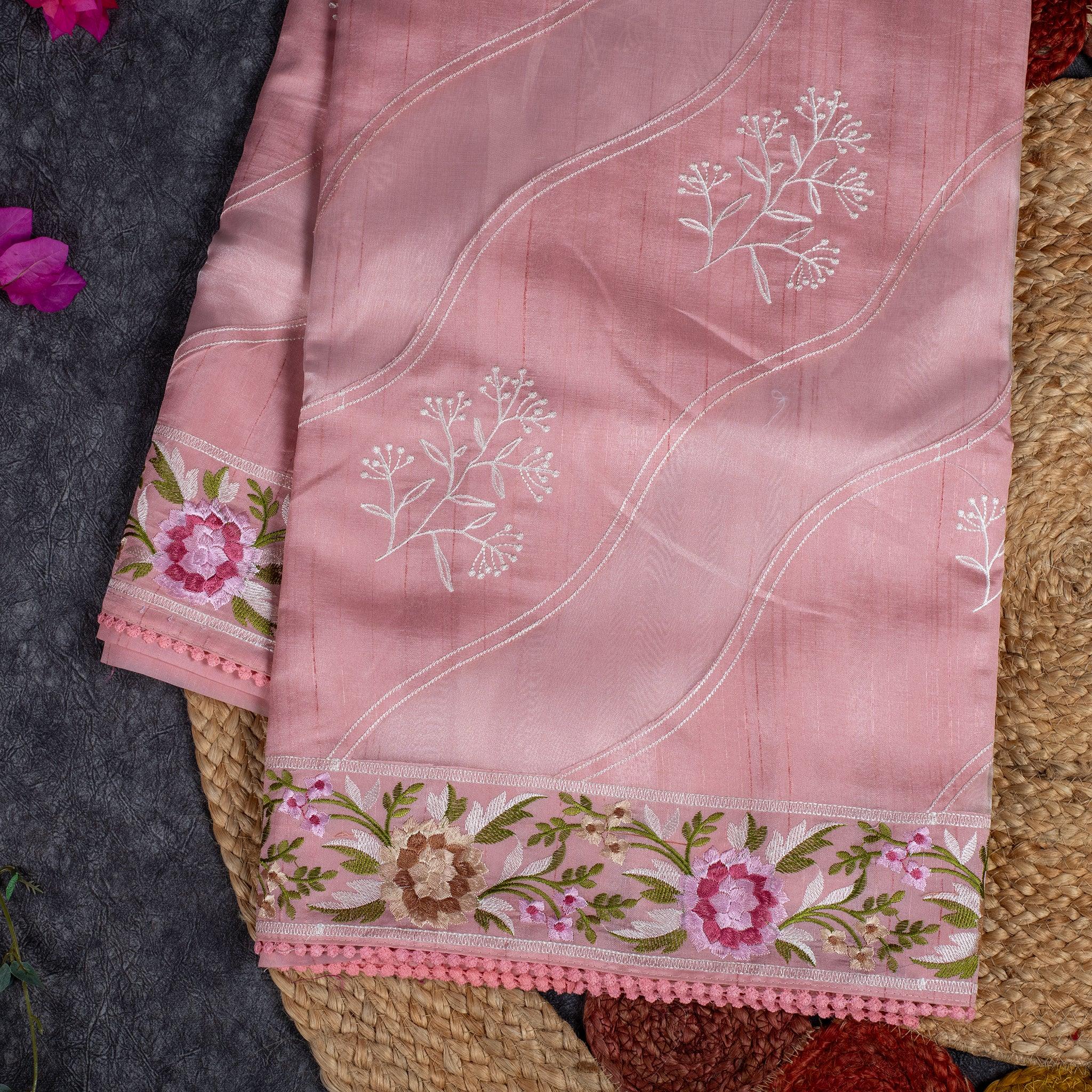 Semi Tussar Silk Saree – Organza & Tussar Fusion with Embroidery - Peach - Kleem Boutique Main image
