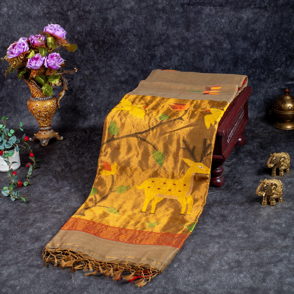 Matka Silk Jamdani Saree – Handwoven Artistic Elegance-Olive Green - Kleem Boutique