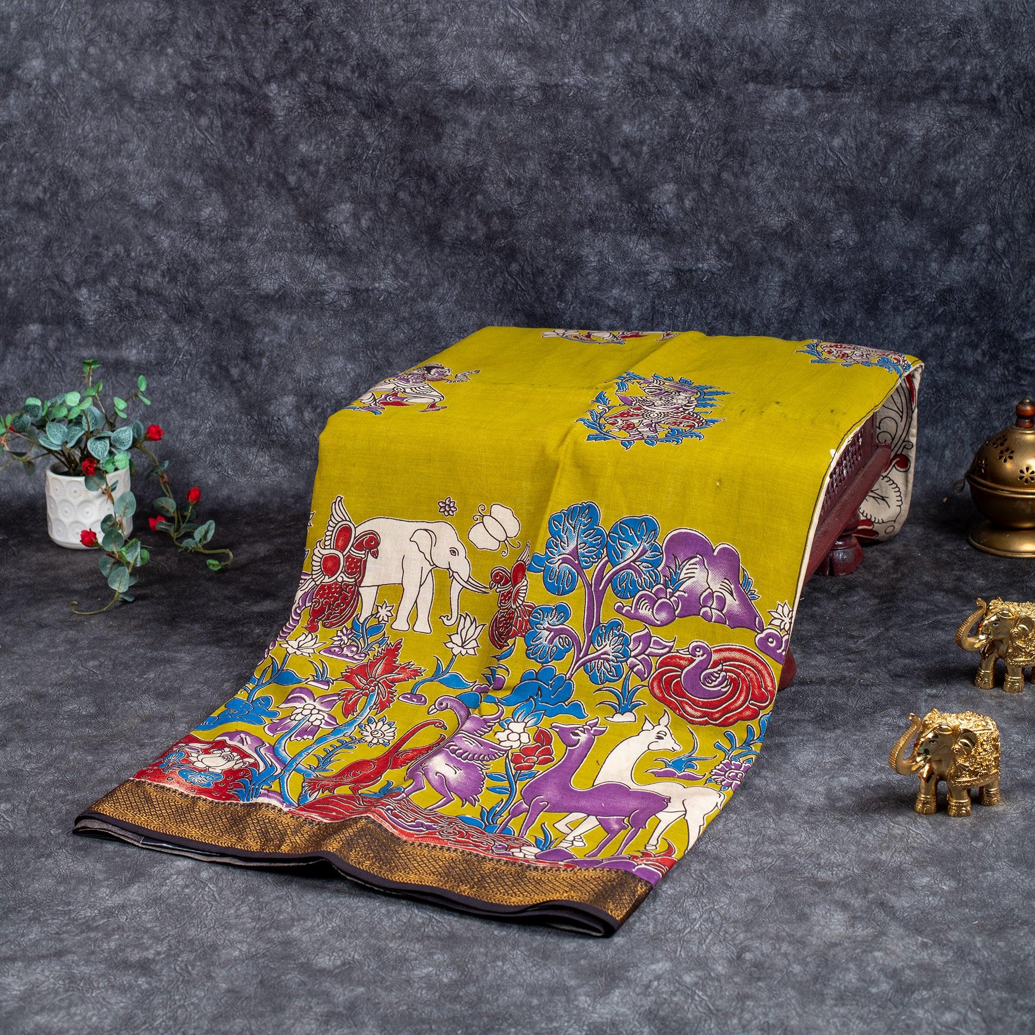 Pure Handloom Nizam Border Silk Saree with Kalamkari Print - Mehandi Green - Kleem Boutique Main image