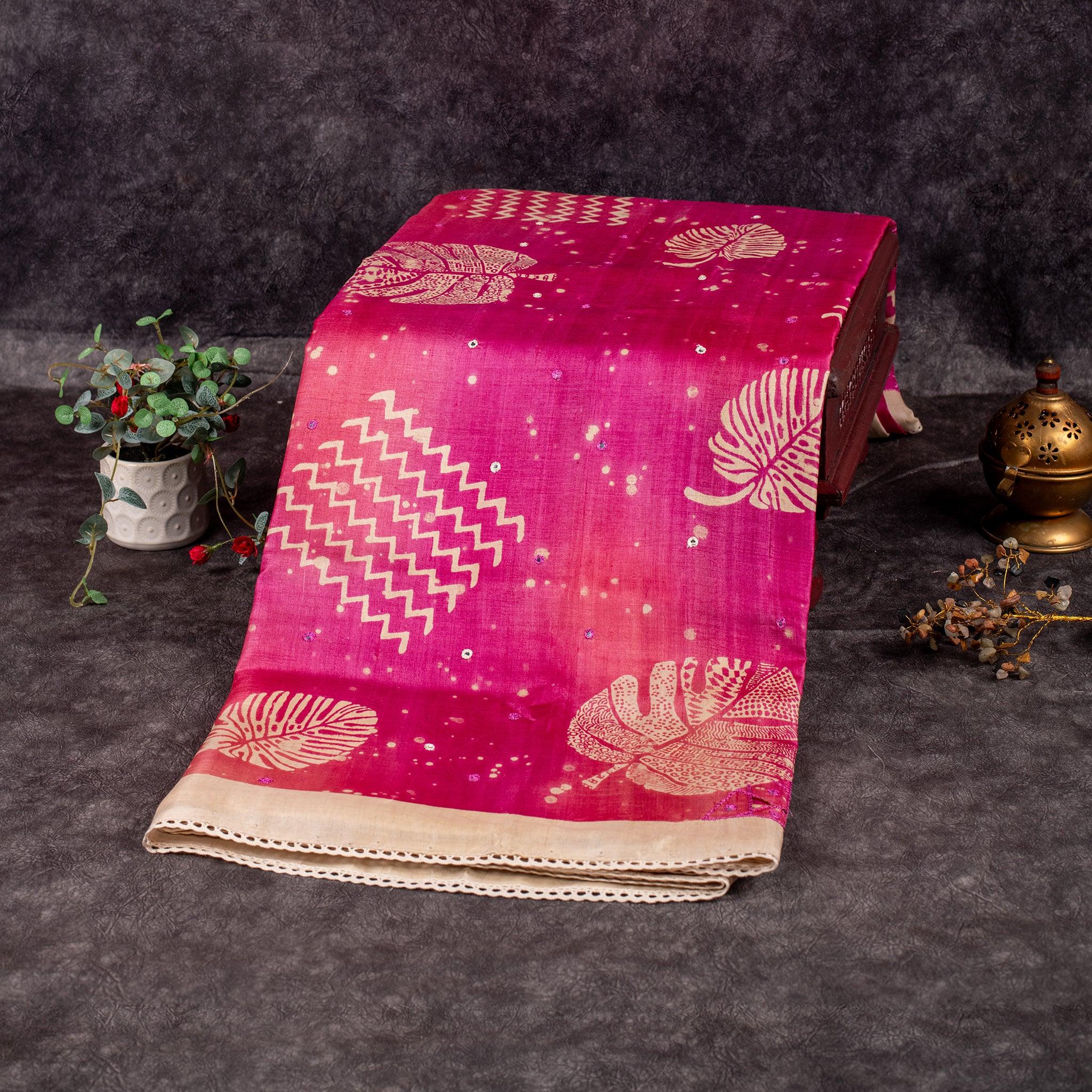 Pure Handloom Tussar Silk Pink Saree with Digital Print, Mirror Work & Cutwork Pallu - Kleem Boutique Main image