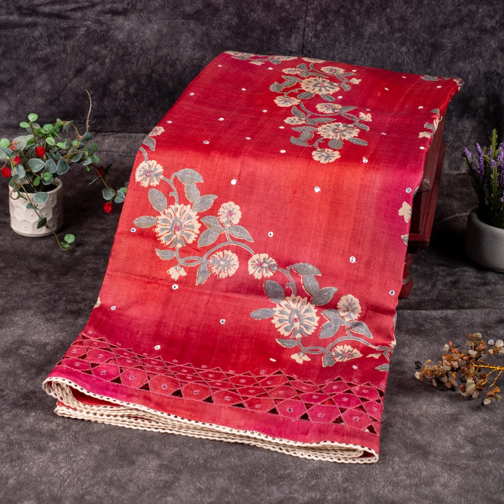 Pure Handloom Tussar Silk Deep Maroon Saree with Floral Digital Print & Mirror Work - Kleem Boutique Main image