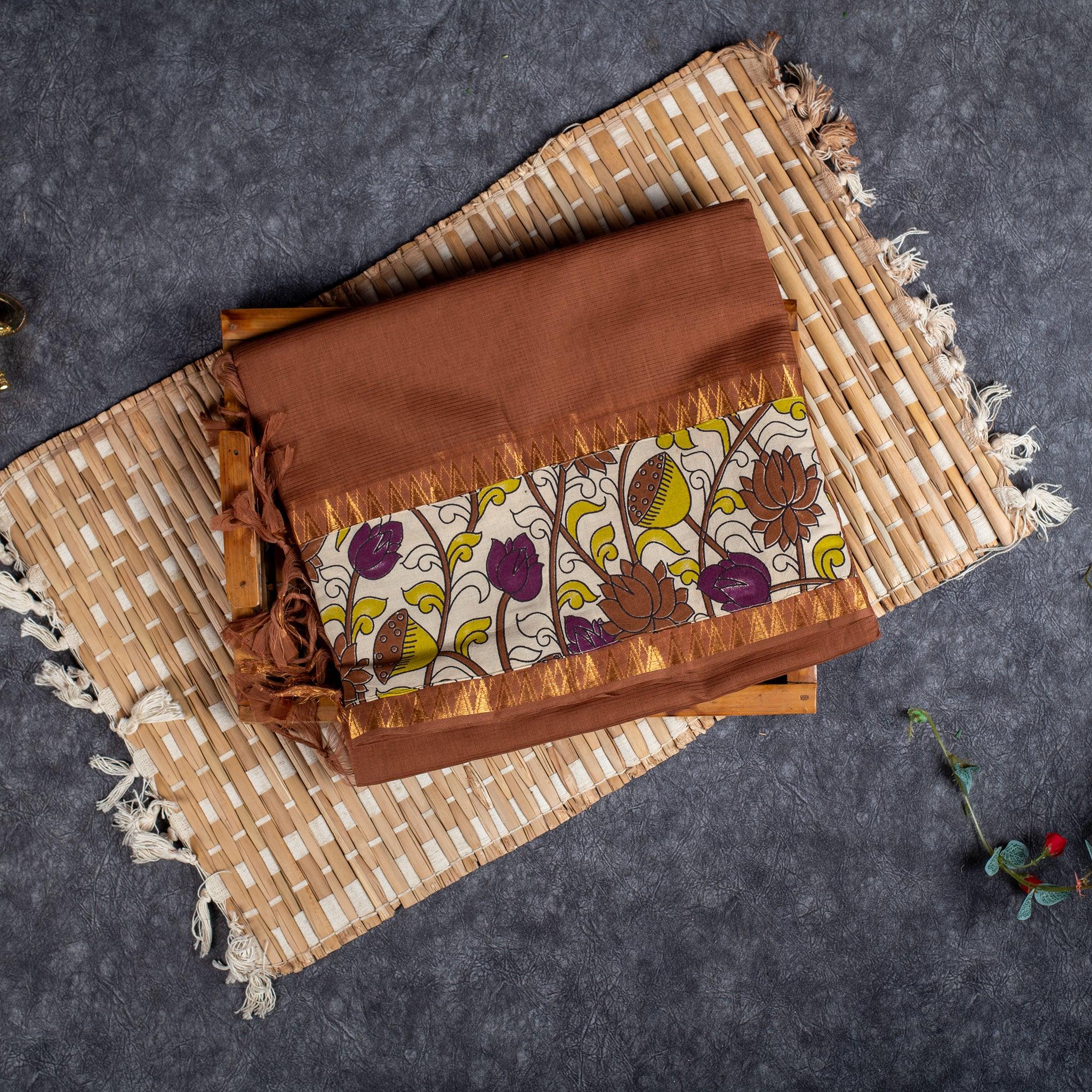 Pure Handloom MG Cotton Saree with Kalamkari Patch Work - Brown - Kleem Boutique Main image