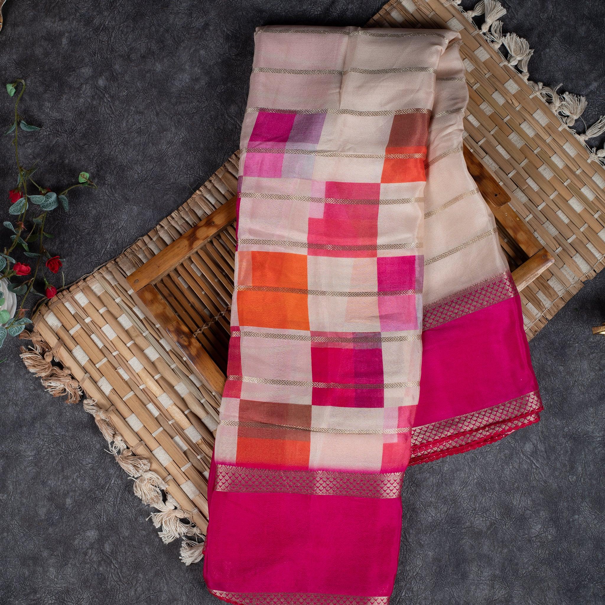 Shrinagar Silk Saree – Chinnon Crepe Fabric - Cream with Pink - Kleem Boutique Main image
