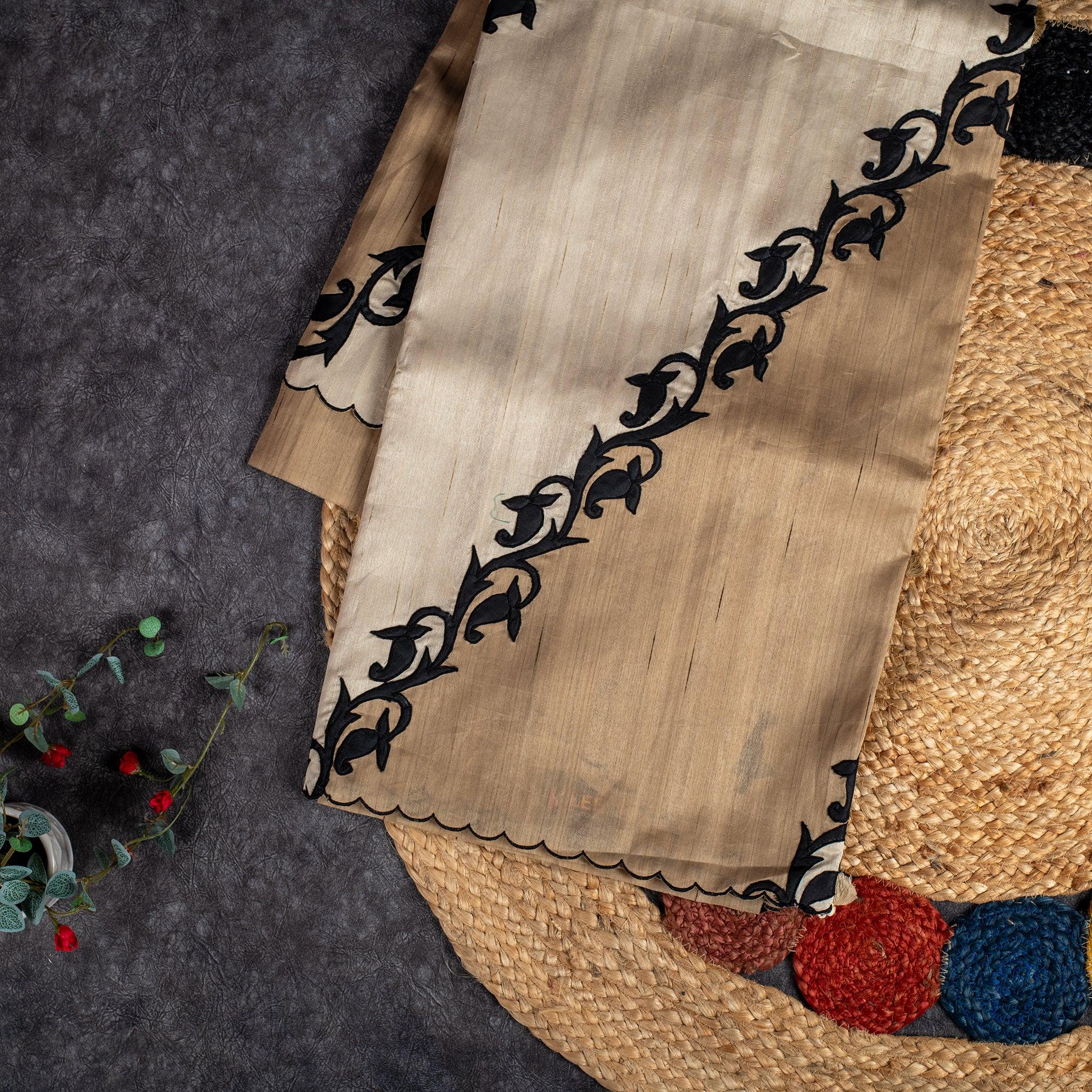 Semi Tussar Silk Saree with Applique Work – Off-White & Black - Kleem Boutique