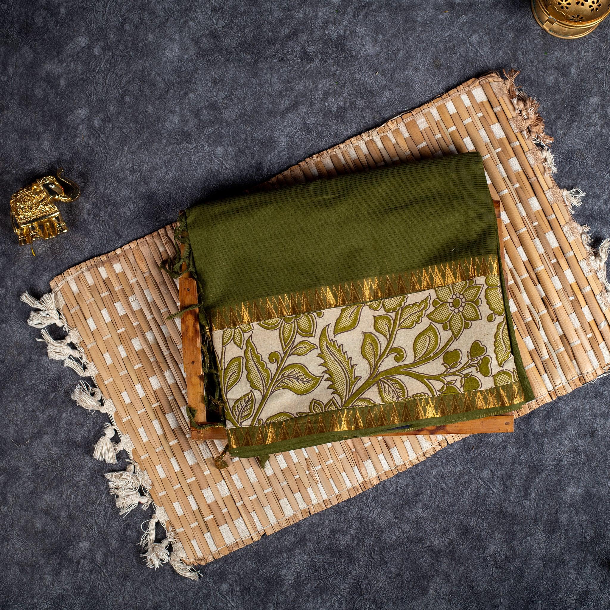 Pure Handloom MG Cotton Saree with Kalamkari Patch Work- Olive Green - Kleem Boutique