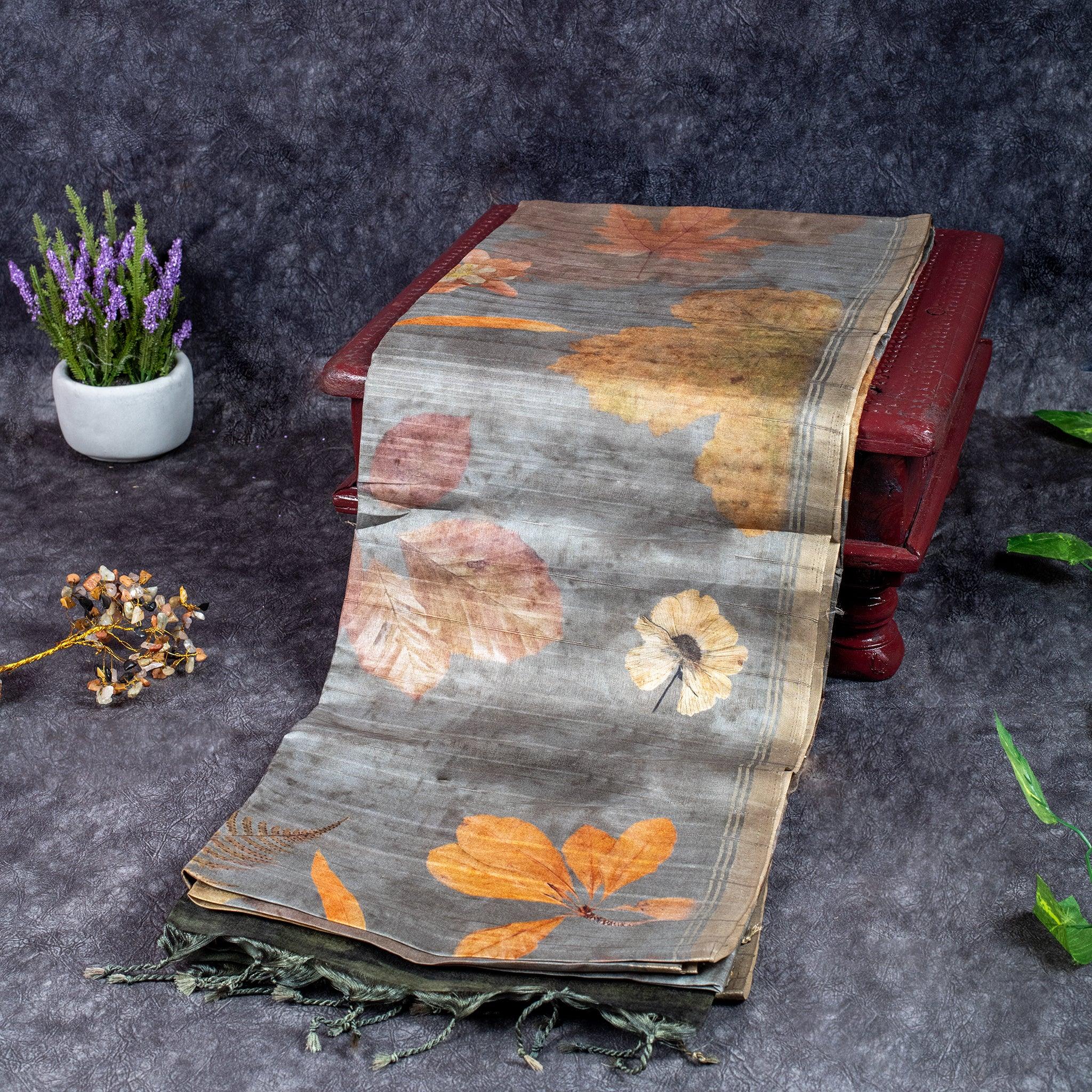 Semi Tussar Silk Saree – Eco Digital Floral & Leaf Print - Kleem Boutique Main image