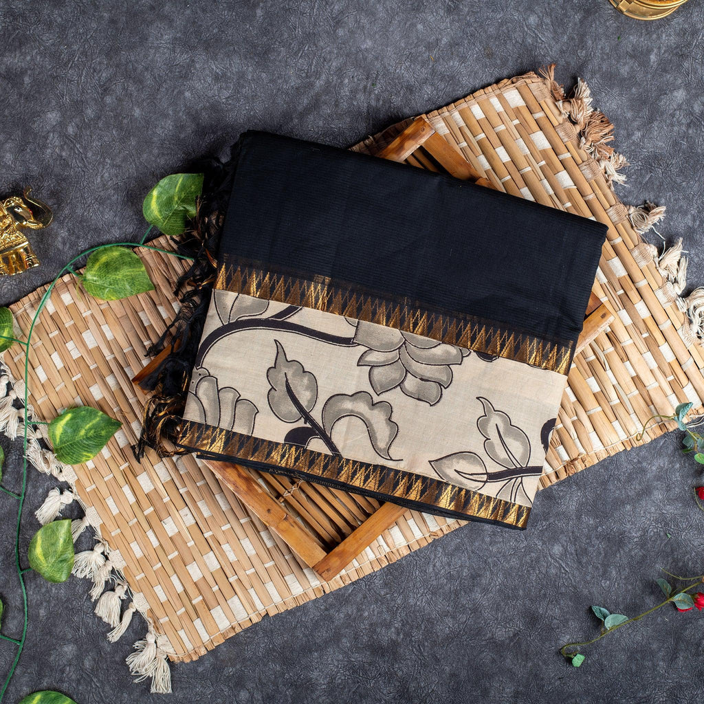 Pure Handloom MG Cotton Saree with Kalamkari Patch Work - Kleem Boutique