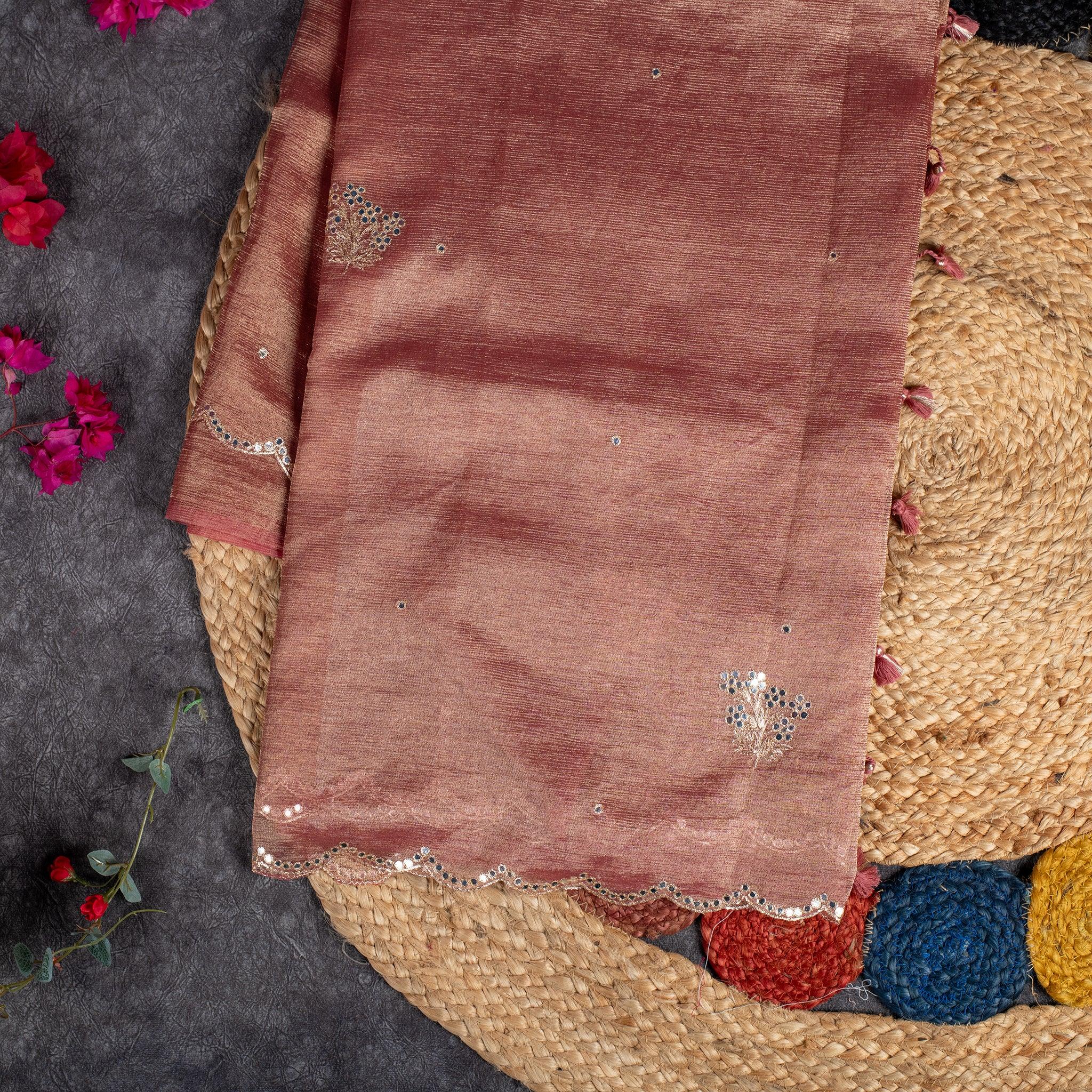 Soft Crushed Tissue Saree with Mirror Work – Rust Colour - Kleem Boutique Main image