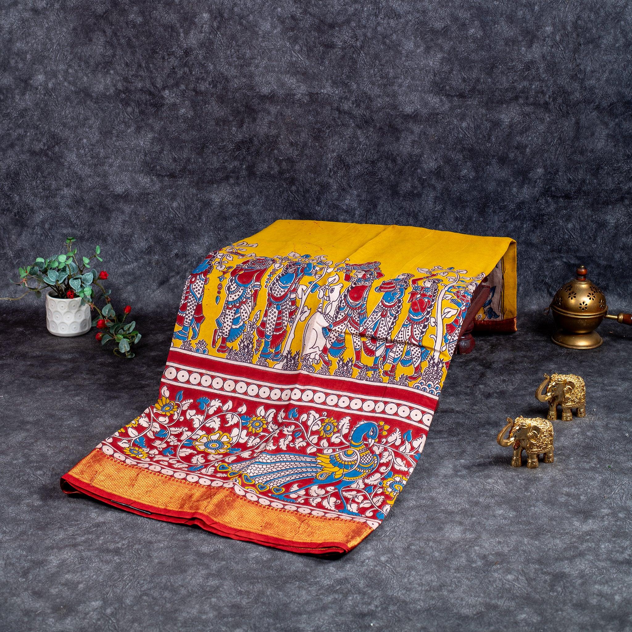 Pure Handloom Nizam Border Silk Saree with Kalamkari Print - Yellow & Red - Kleem Boutique Main image
