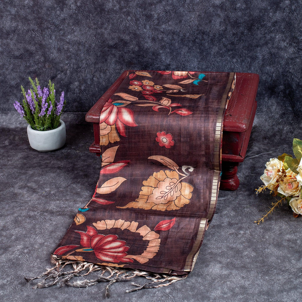 Semi Tussar Silk Saree – Kalamkari Floral Design with Zari Border - Kleem Boutique