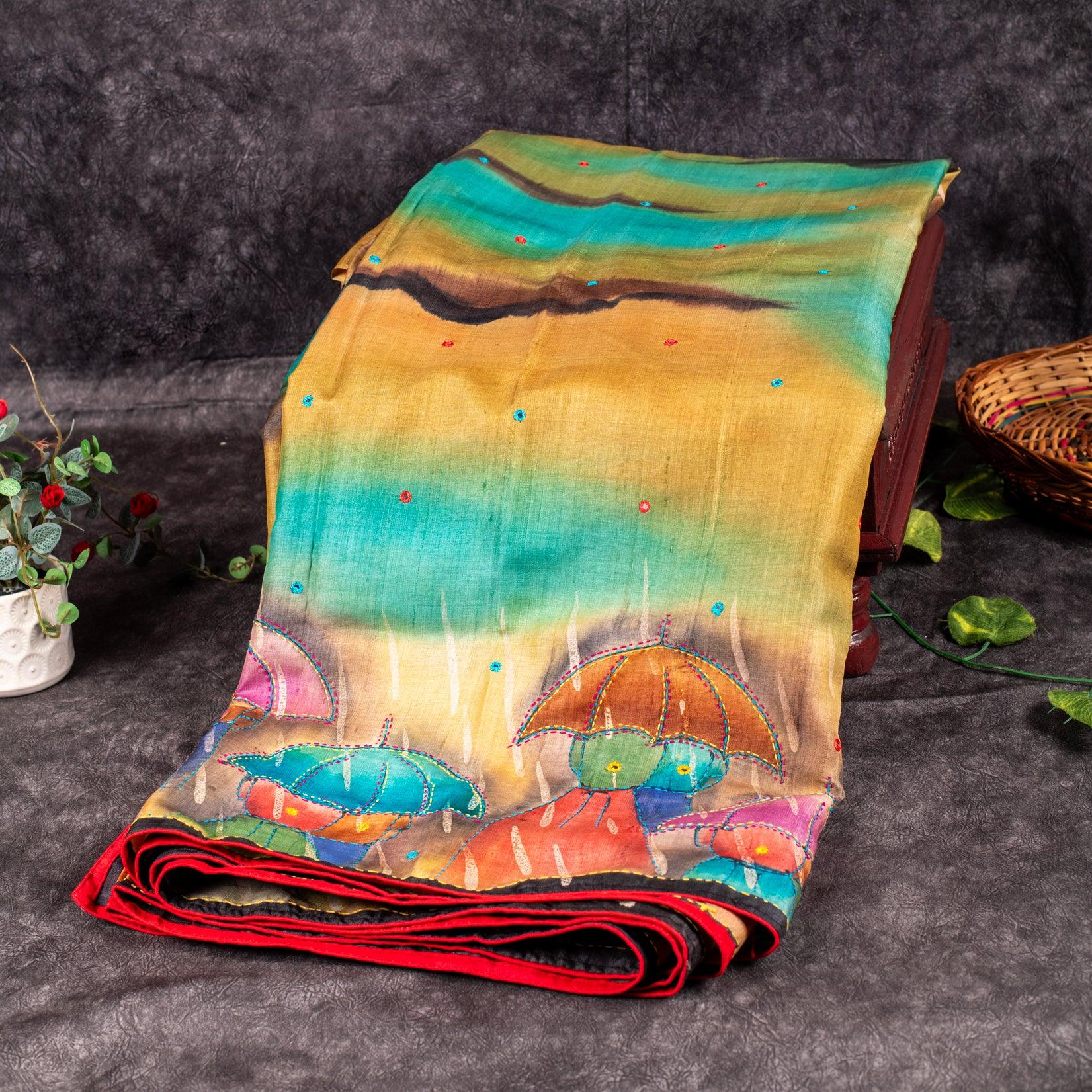 Pure Handloom Tussar Silk Multicolour Saree with Kantha & Mirror Work - Kleem Boutique Main image