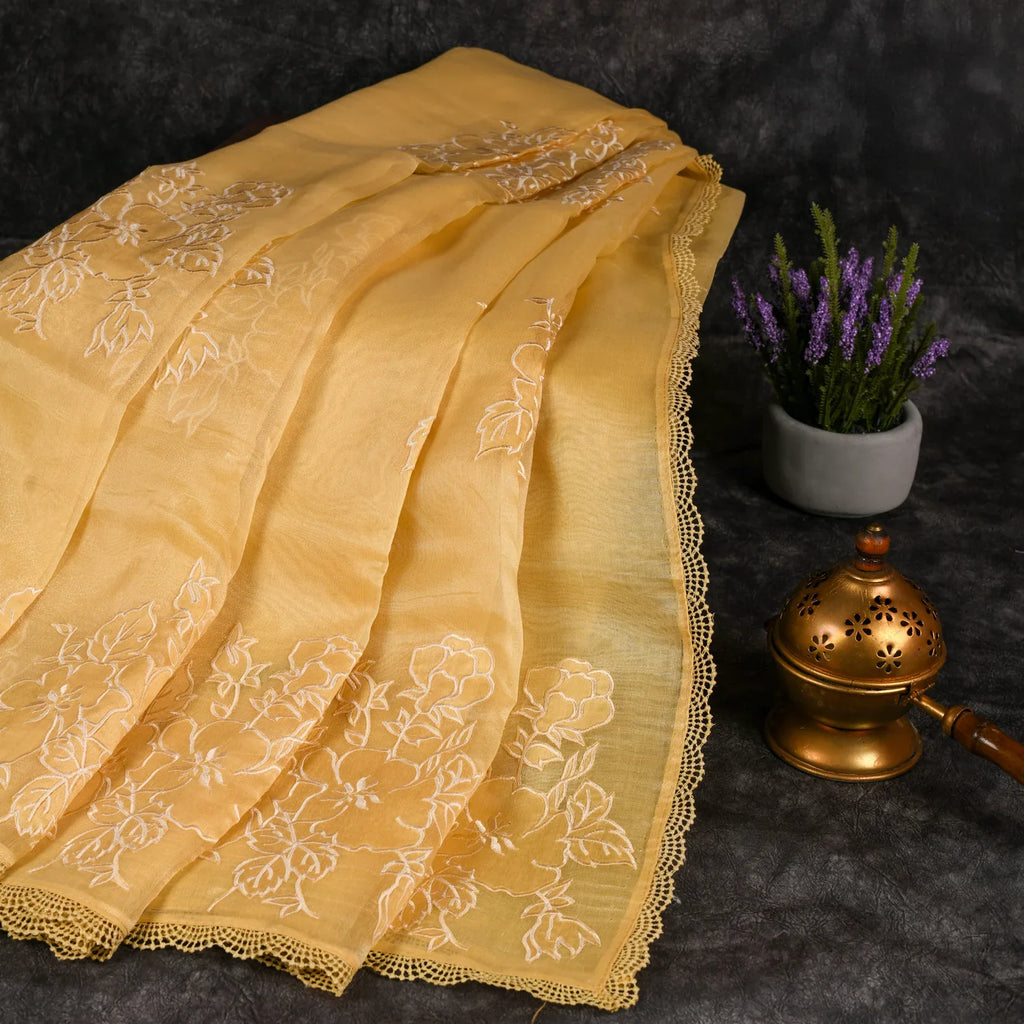 Soft Tissue Organza Pale Yellow Saree with Floral Applique &amp; Crochet Lace Border - Kleem Boutique