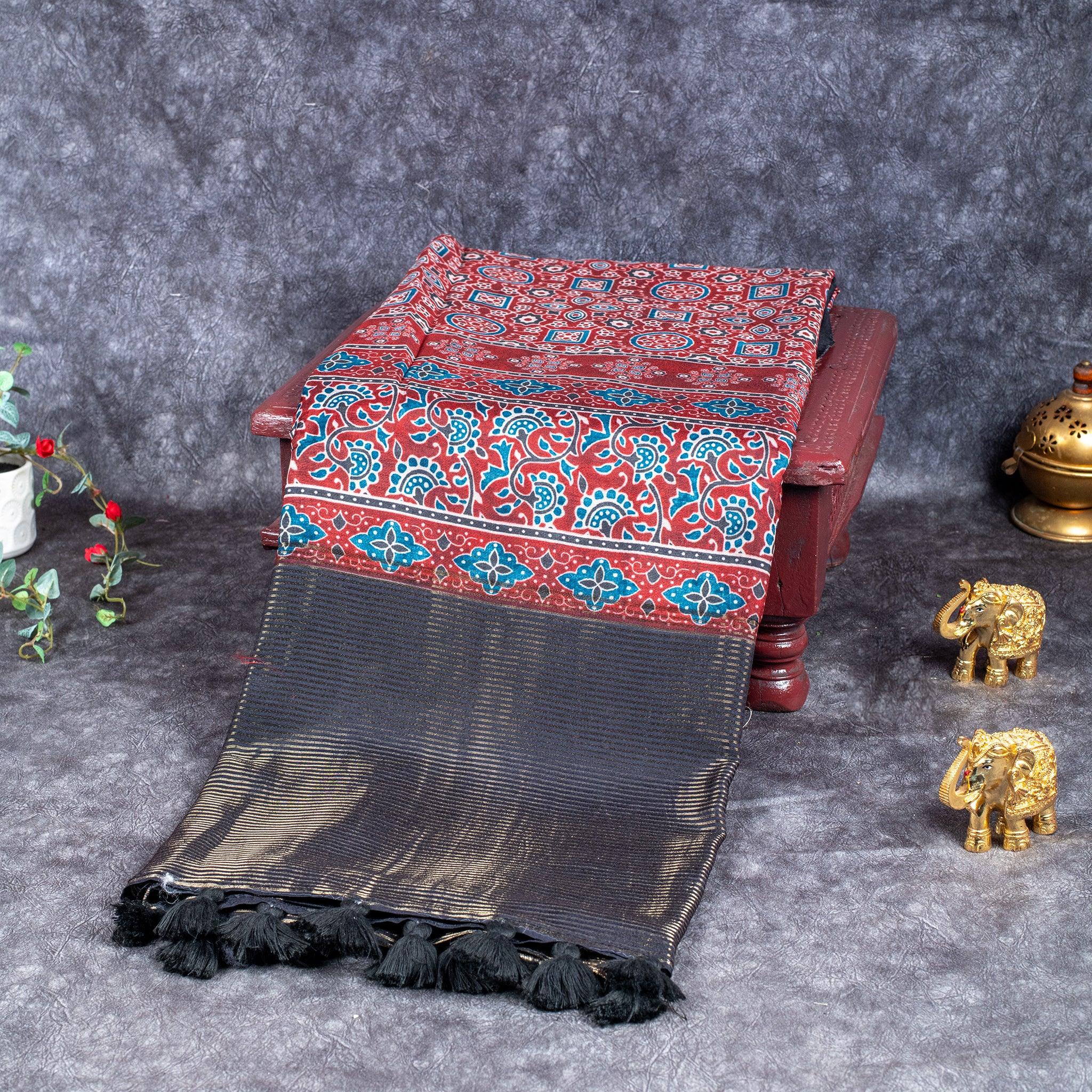 Jubilee Silk Ajrakh Saree - Red , Black & Blue - Kleem Boutique Main image