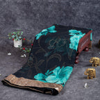 Pure Handloom Georgette Saree with Digital Print & Mukesh Work - Black with Sea Green Combo - Kleem Boutique
