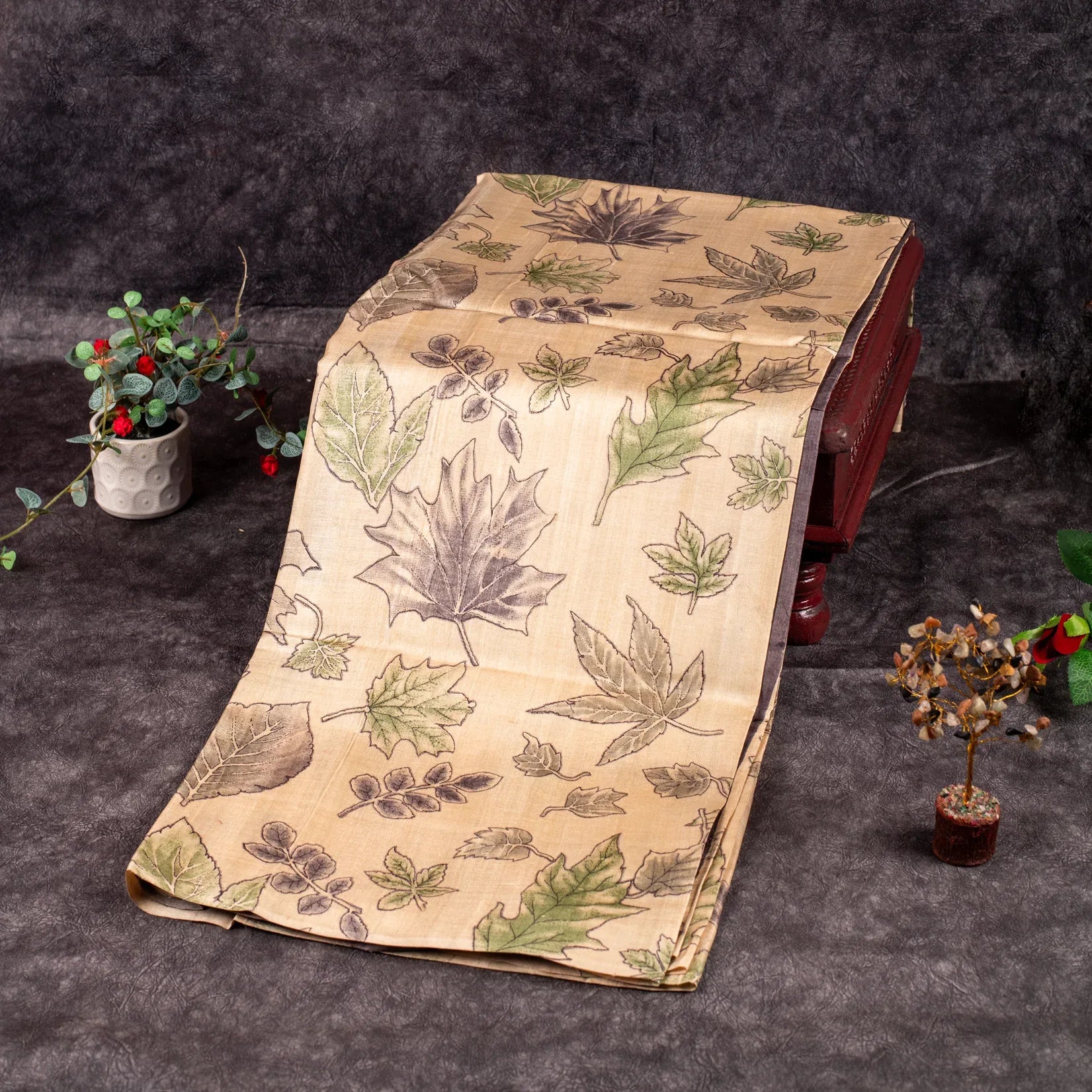 Pure Handloom Tussar Eco Printed Off-White & Grey Saree with Contrast Pallu and Blouse - Kleem Boutique Main image