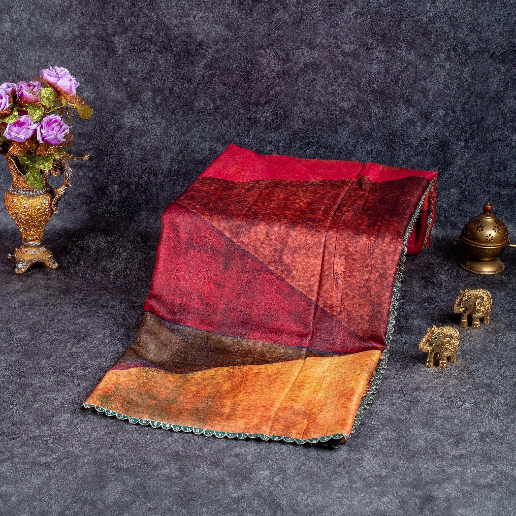 Pure Handloom Tussar Silk Saree with Abstract Digital Pallu & Contrast Green Blouse – Multicolour - Kleem Boutique Main image